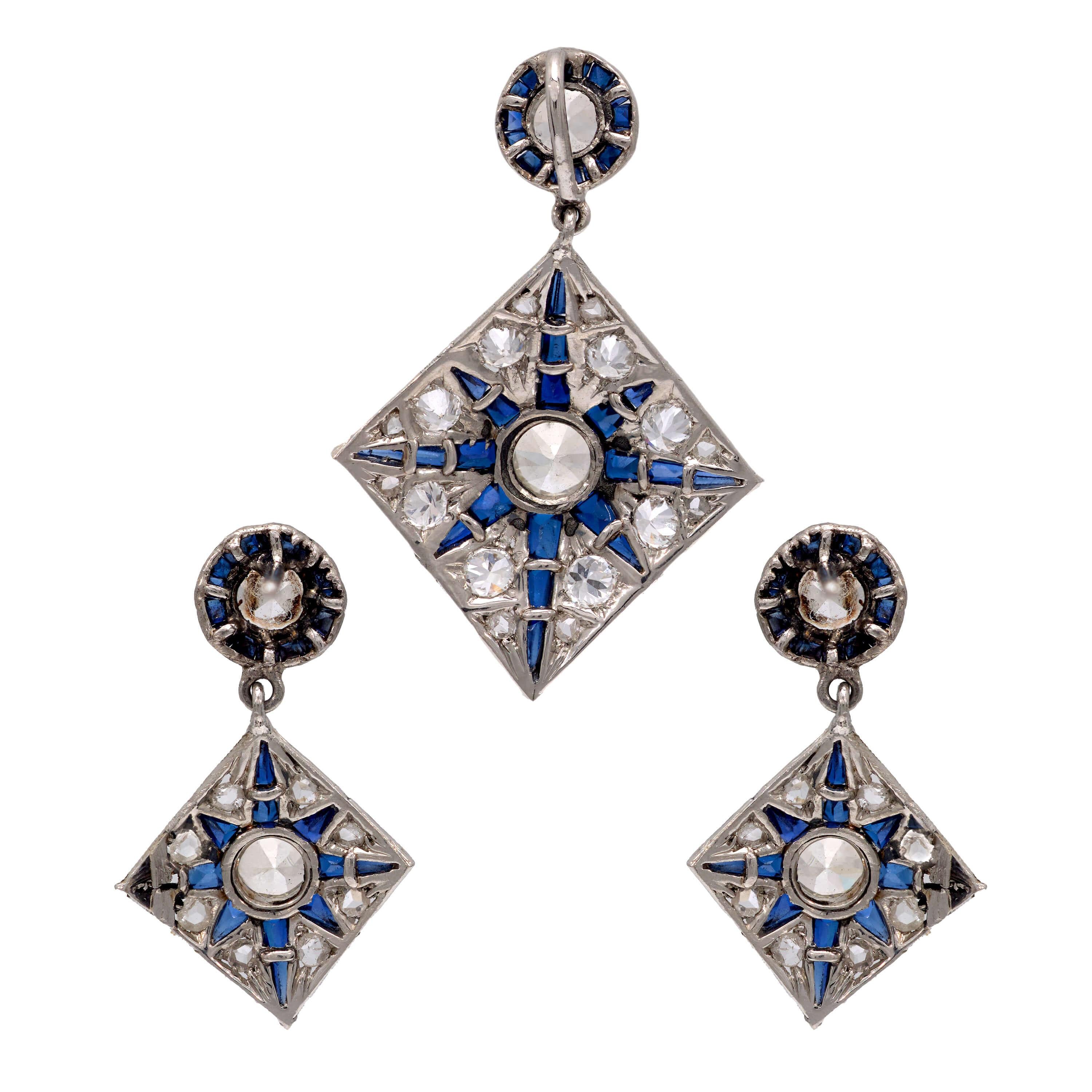 Edwardian Platinum Diamond & Sapphire Star Motif Earring & Pendant Set | Vintage Jewelry for Weddings, Anniversaries & Special Occasions