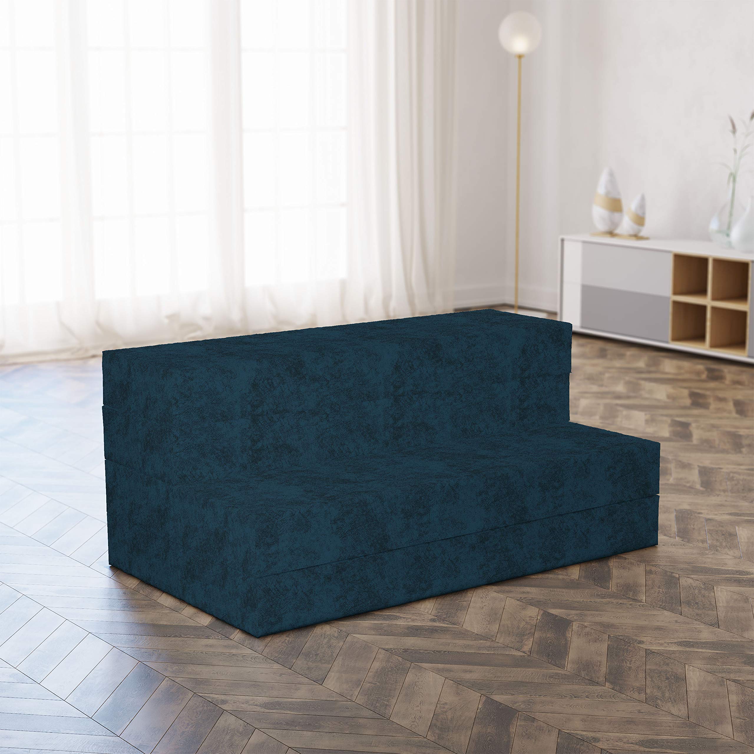Ambesonne Faux Suede Foldable Mattress - King Size Digital Print Lightweight Portable Futon Mat for Guest Bed, Camping & Dorm Rooms | Dark Night Blue | Extra Comfort Sleeping Pad for Home, Travel & Outdoor Adventures