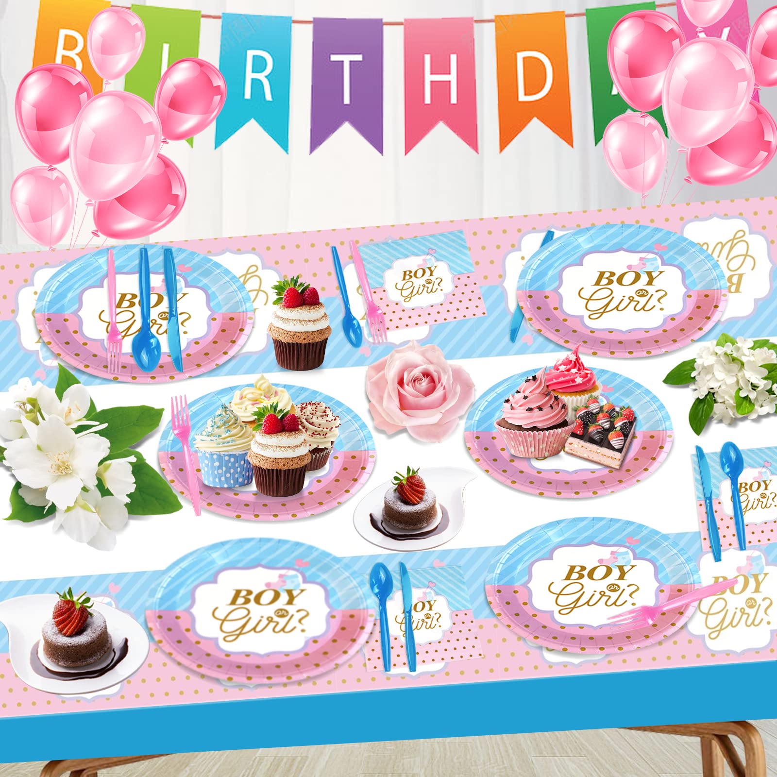 97-Piece Gender Reveal Party Supplies Set - Blue or Pink Plates, Napkins, Forks & Decorations for Baby Shower | Perfect for 16 Guests | Ideal for Gender Reveal Parties, Baby Showers & Birthday Celebrations