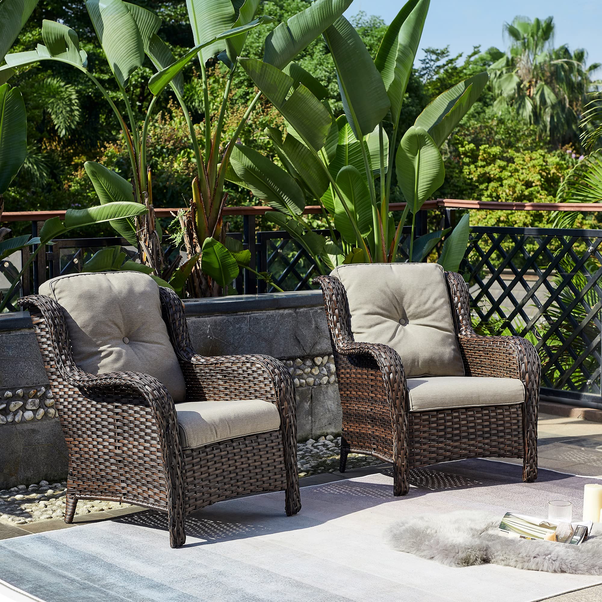 Outdoor Wicker Patio Chairs Set of 2 - Rattan Dining & Porch Chairs with High Back & Deep Seat, Brown/Grey - Perfect for Backyard, Garden & Poolside Relaxation