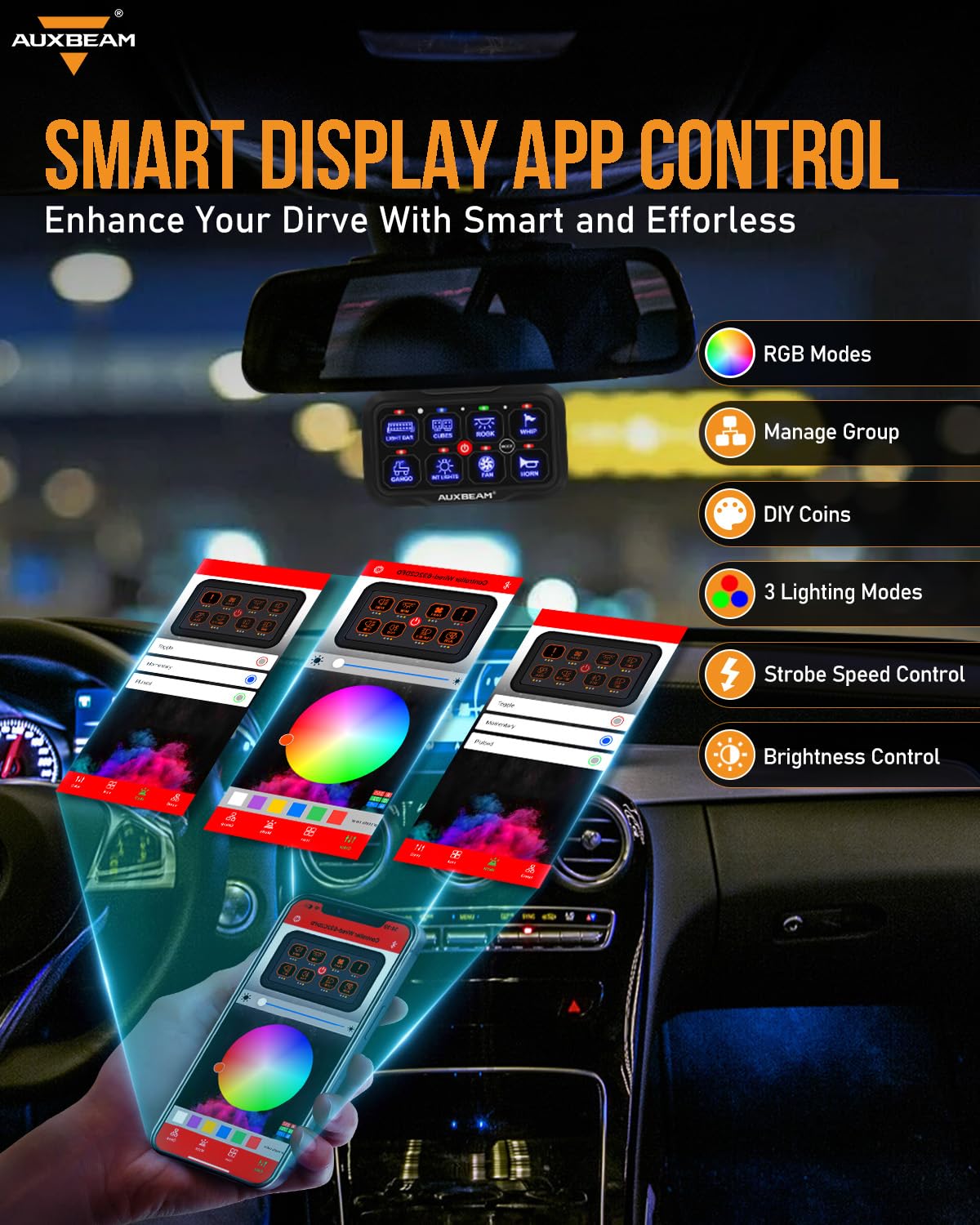 Auxbeam AR-800 8 Gang RGB Bluetooth Switch Panel - 12-24V Waterproof LED Backlit Toggle & Momentary Switches for Trucks, SUVs, ATVs, Marine & RVs | Off-Roading, Camping & Vehicle Customization | 2-Year Warranty