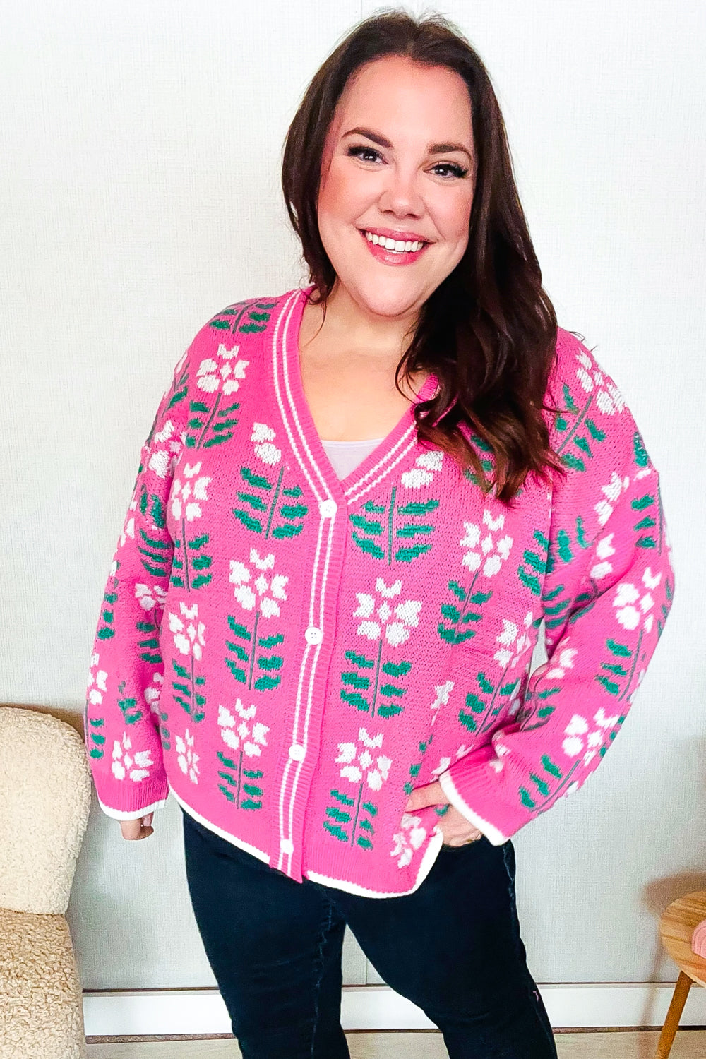 All For Love Fuchsia Flower Print Button Down Knit Cardigan for Women - Soft Casual Long Sleeve Open Front Sweater for Spring, Fall & Winter (Office, Date Night, Weekend Outfits)