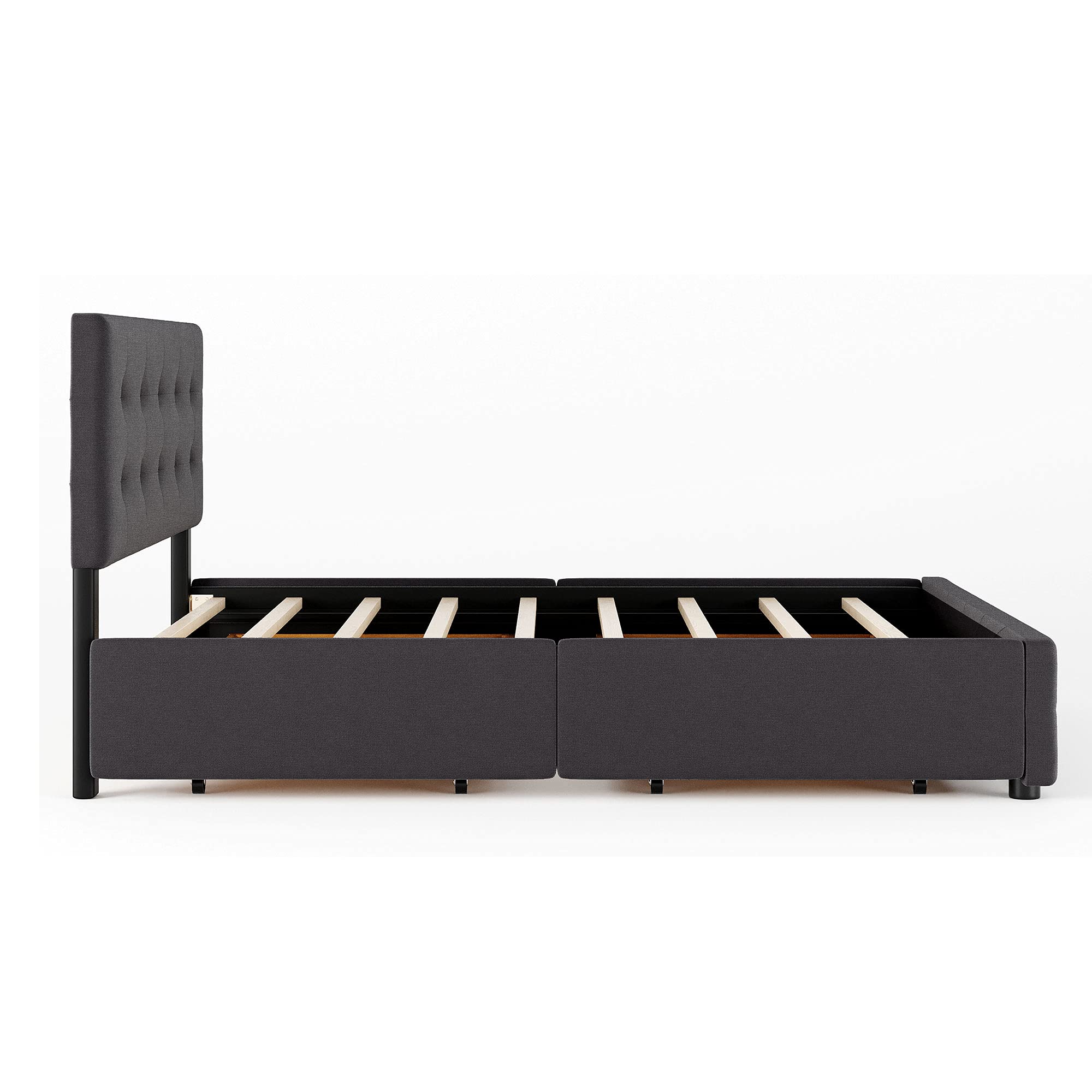 Queen Size Modern Upholstered Platform Bed with 4 Large Storage Drawers - Button Tufted Headboard, Wooden Slats & Center Support Legs - No Box Spring Required (Dark Gray) - Perfect for Master Bedrooms, Guest Rooms & Small Space Living