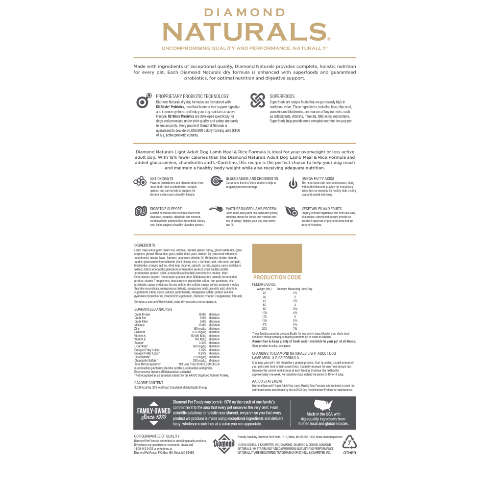 Diamond Naturals Light Lamb Meal & Rice Adult Dry Dog Food - High Protein, Grain-Free, Weight Management for Small & Large Dogs - Perfect for Indoor Pets & Senior Dogs with Sensitive Stomachs