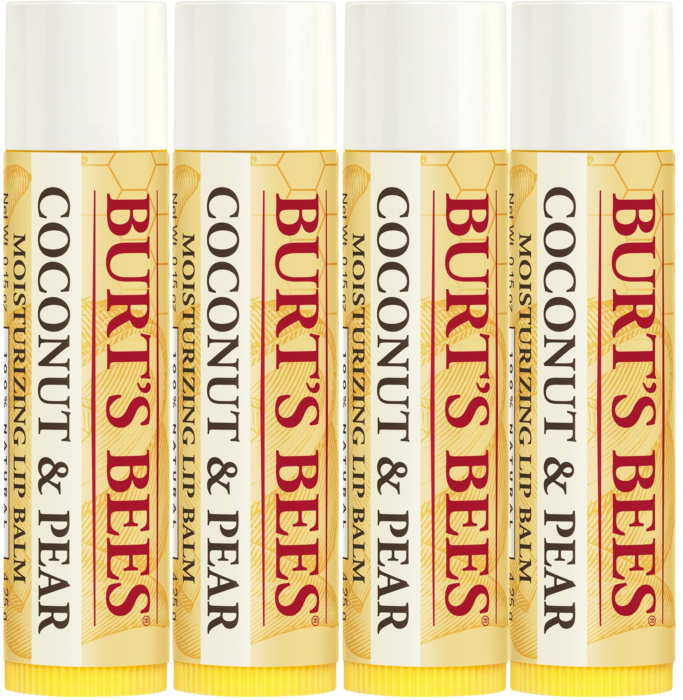 Burt's Bees 100% Natural Coconut & Pear Lip Balm with Beeswax & Fruit Extracts - 4 Pack Hydrating Moisturizer for Dry Lips | Perfect for Winter Care, Daily Use & On-The-Go Hydration