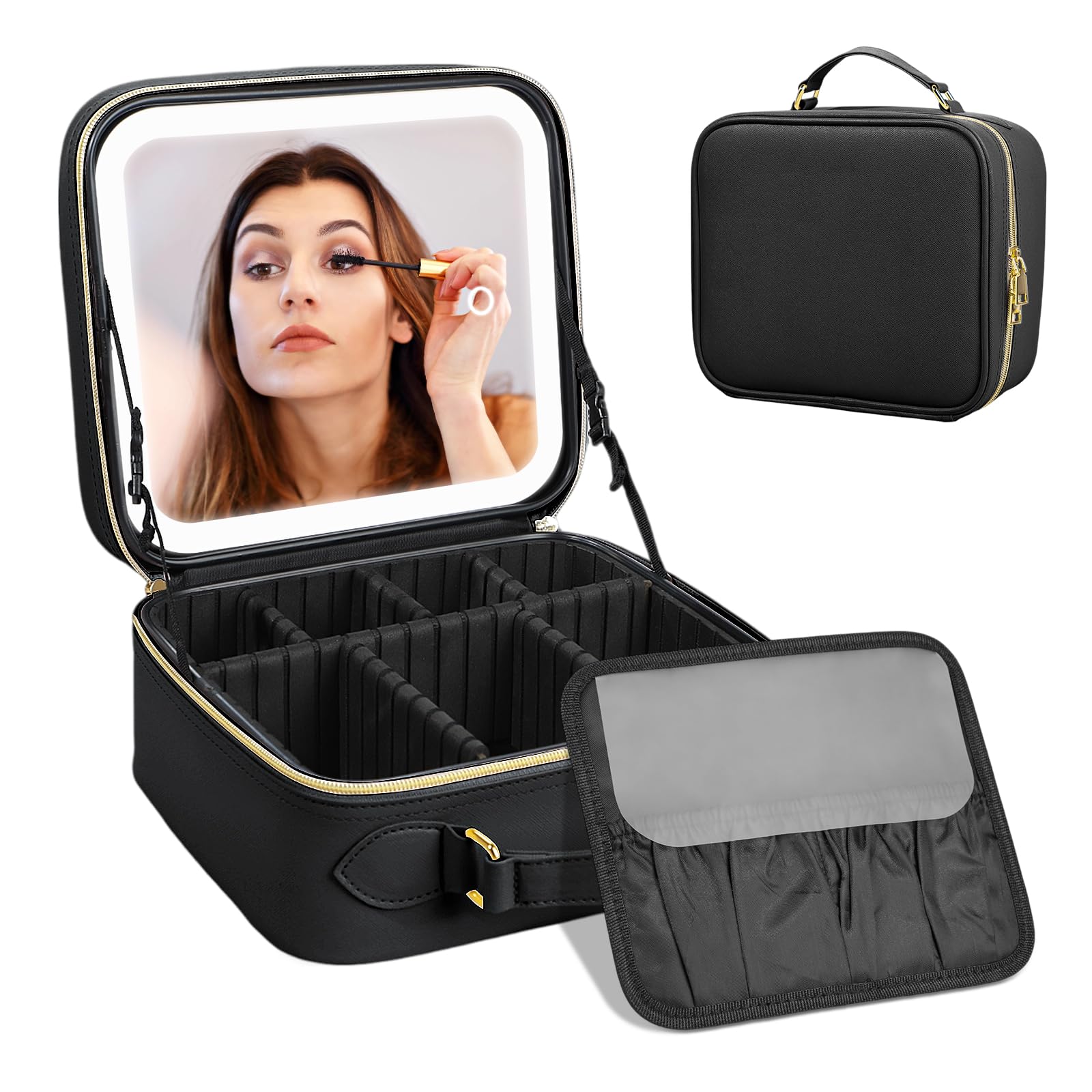 LED Makeup Bag with Rechargeable Mirror & 3-Color Lights - Large Travel Cosmetic Organizer for Women - Portable Beauty Case with Adjustable Lighting for Home, Travel & Professional Use (Black)