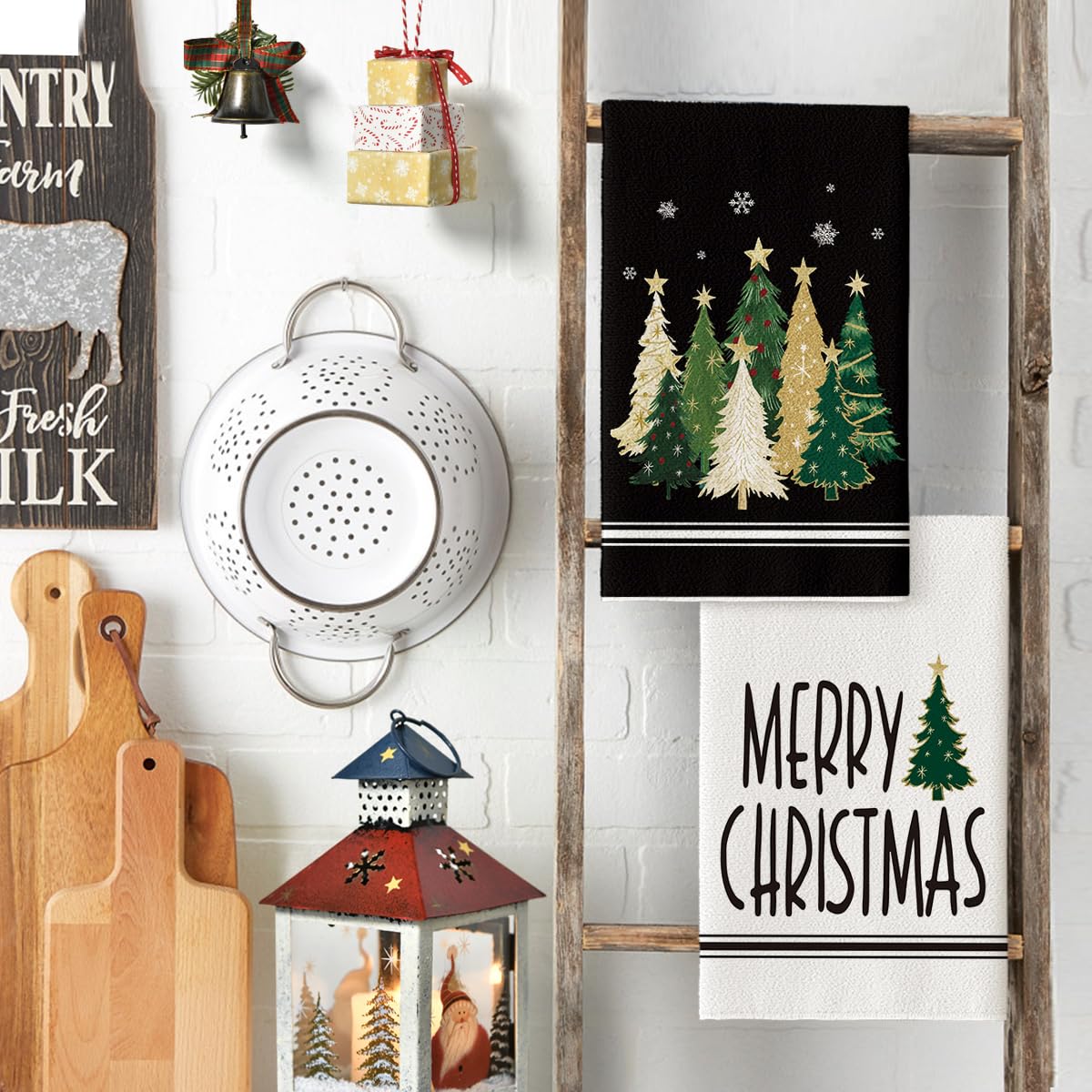 Artoid Mode Black Christmas Tree Kitchen Towels - Set of 2 Farmhouse Star Holiday Dish Towels 18x26 Inch for Winter Decor & Merry Christmas Gifts - Perfect for Holiday Kitchen Decor, Hostess Gifts & Farmhouse Style Homes