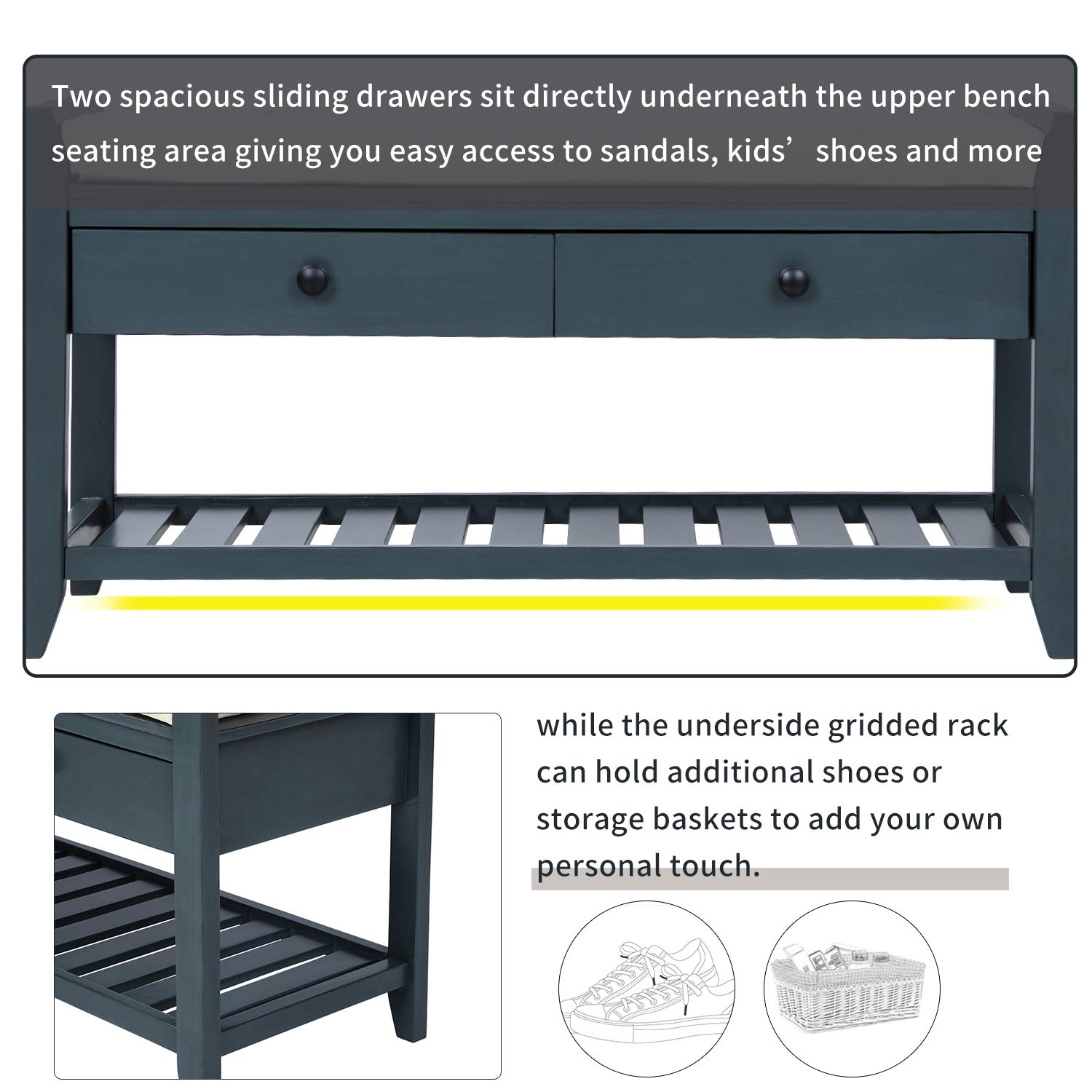 Wooden Storage Bench with Drawers & Bottom Shelf - Shoe Bench with Cushioned Seat for Hallway, Living Room & Entryway - Antique Navy Finish - Perfect for Entryway Organization & Shoe Storage