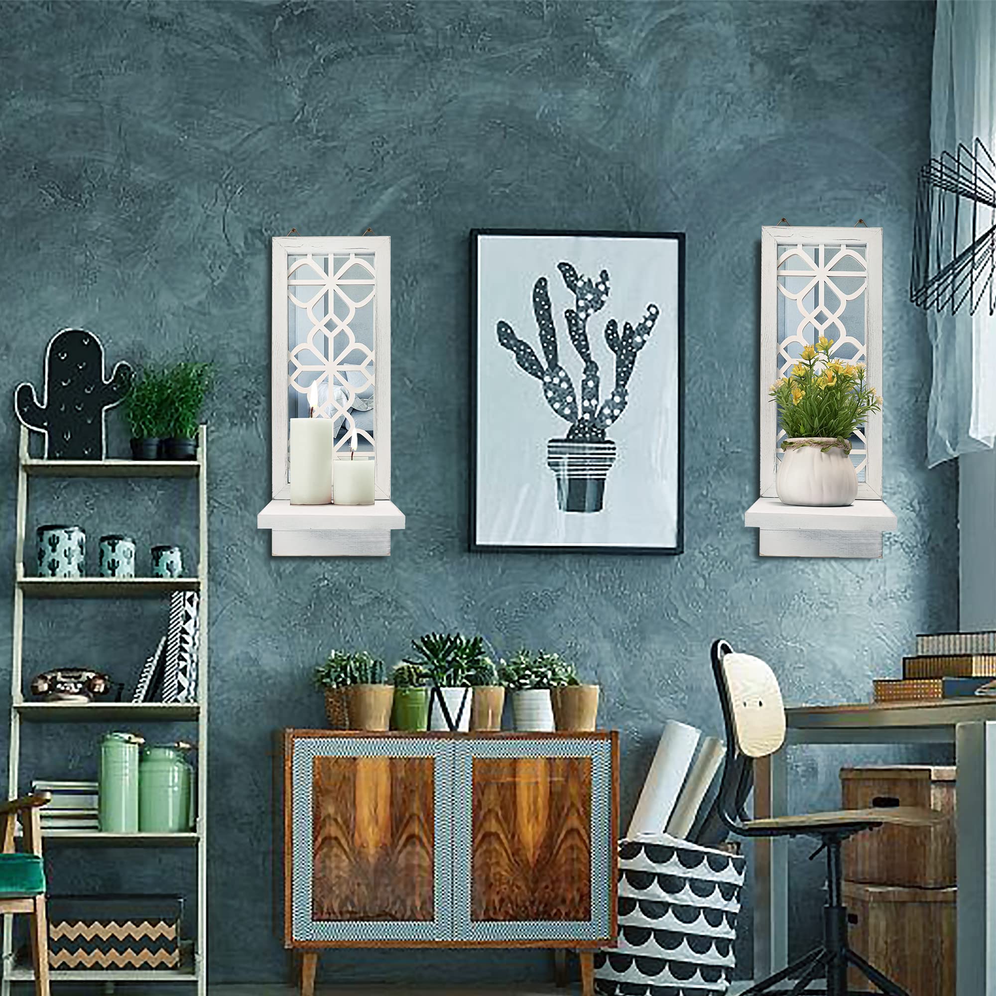 Rustic Farmhouse Wall Candle Sconces Set of 2 - White Floating Mirror Wall Decor for Living Room, Dining Room, Bedroom & Bathroom | Perfect for Cozy Home Ambiance, Wedding Decor and Holiday Lighting