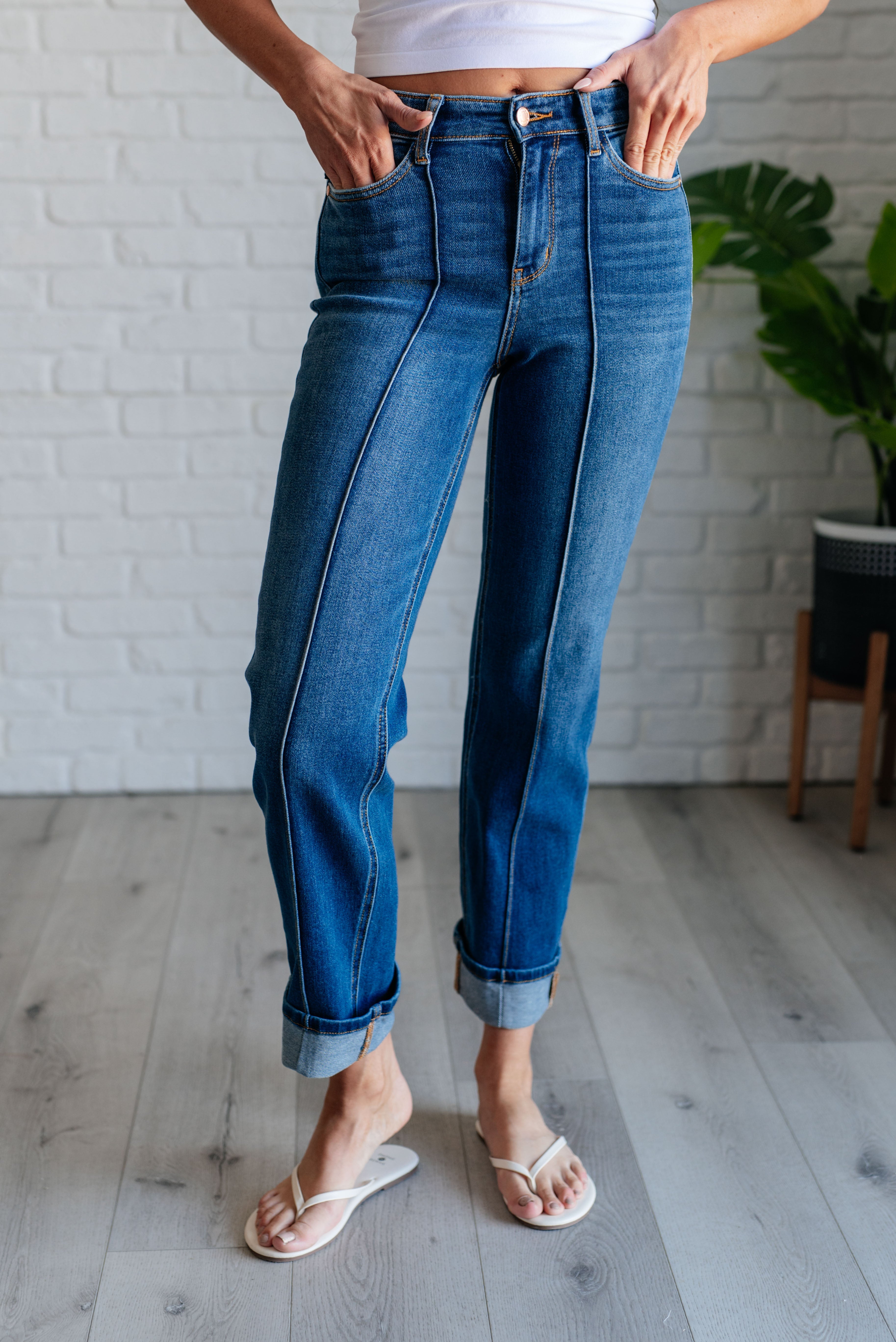 Campbell High Rise Straight Jeans with Center Seam Detail - Women's Slim Fit Denim Pants for Casual Wear & Everyday Outfits