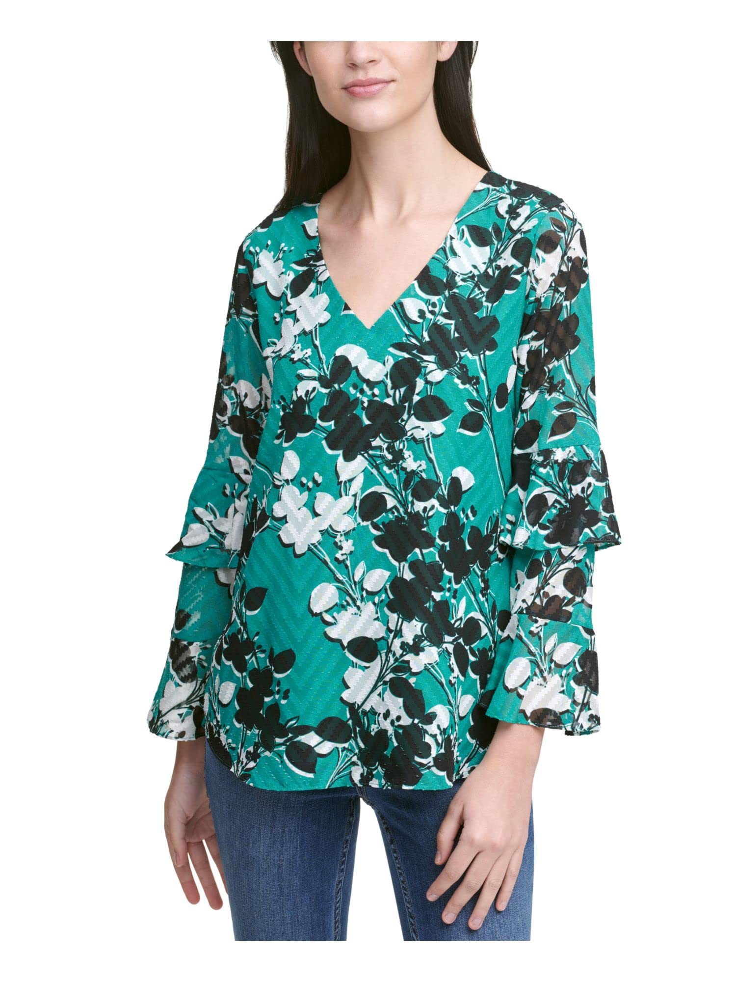 Calvin Klein Women's Printed V-Neck Blouse with Ruffle Sleeves - Stylish Casual & Office Wear for Women | Perfect for Work, Date Night & Special Occasions