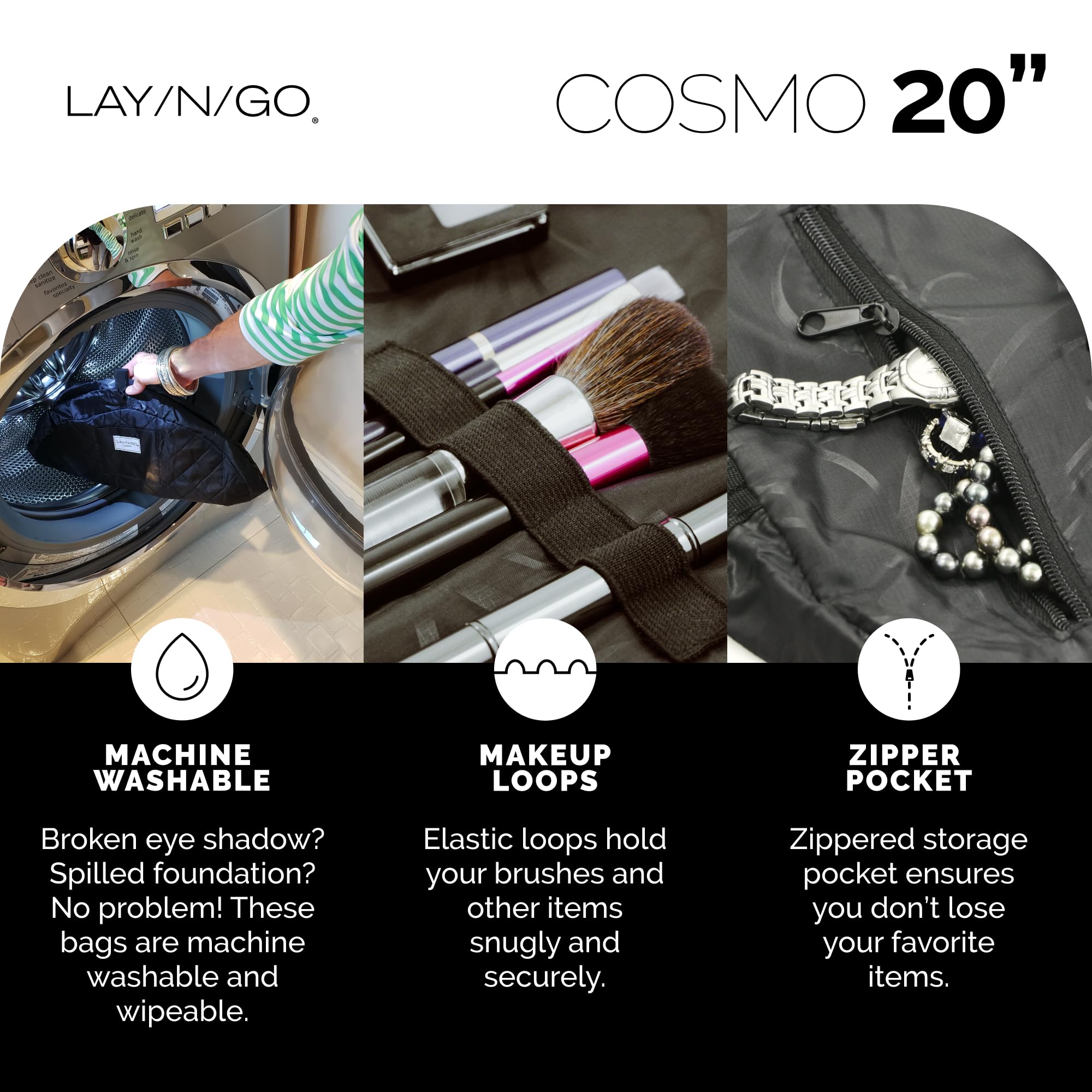Lay-n-Go Cosmo Drawstring Cosmetic & Makeup Organizer Bag with Zipper Pocket & Makeup Loops - 20