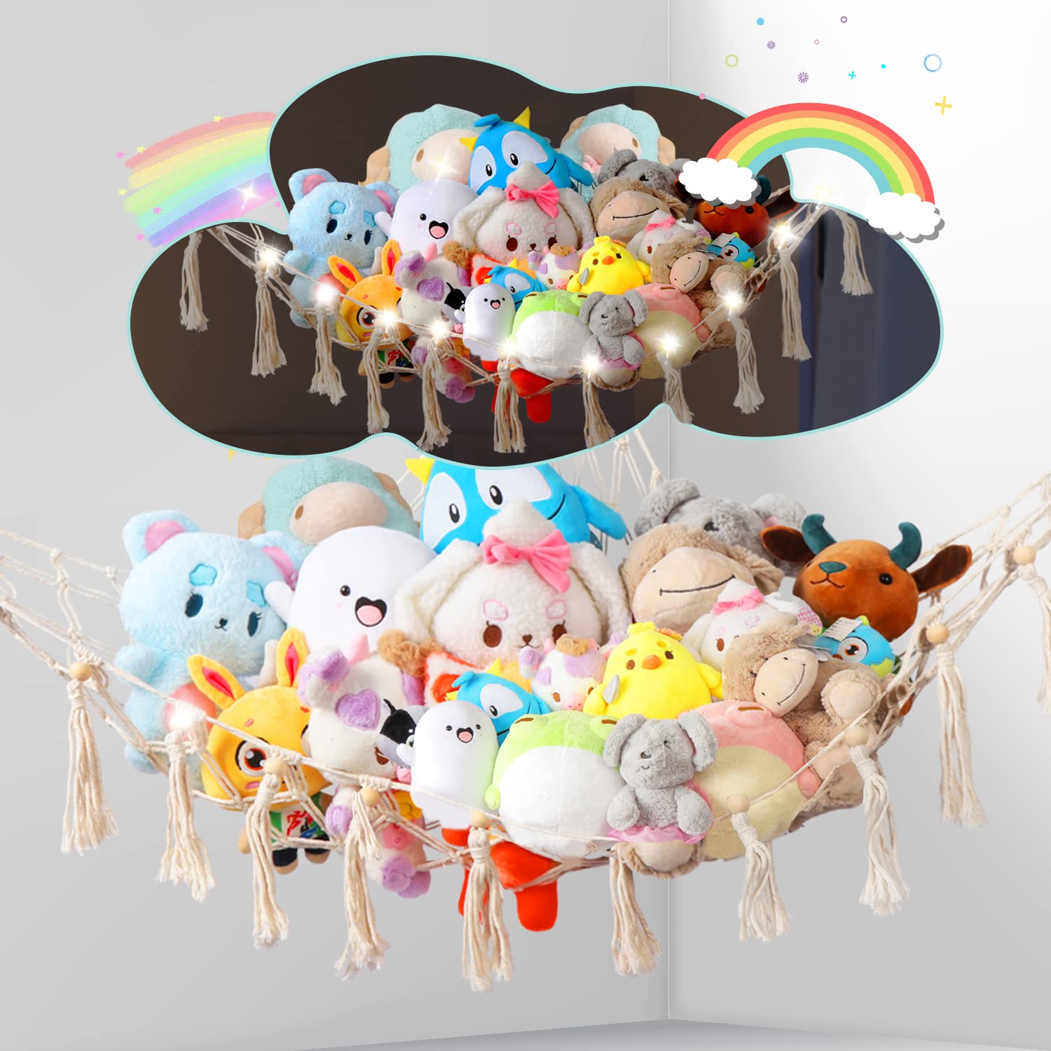 LED Stuffed Animal Hammock with Hooks - Plush Toy Storage Net for Nursery, Playroom & Bedroom - Macrame Wall Decor Organizer - Perfect for Kids' Room Organization and Stuffed Animal Display