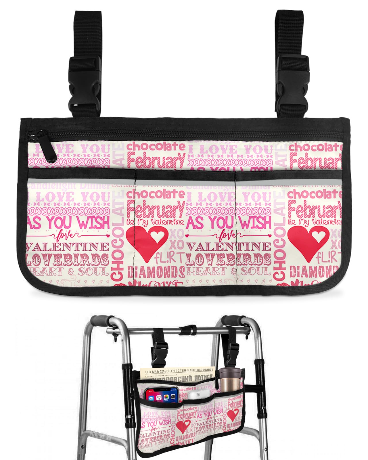 Waterproof Walker Bag with Love Letters & Heart Lips Design - Wheelchair Basket Pouch Organizer Caddy for Storage & Carry - Perfect for Mobility Aid Accessories, Elderly Care & Hospital Use