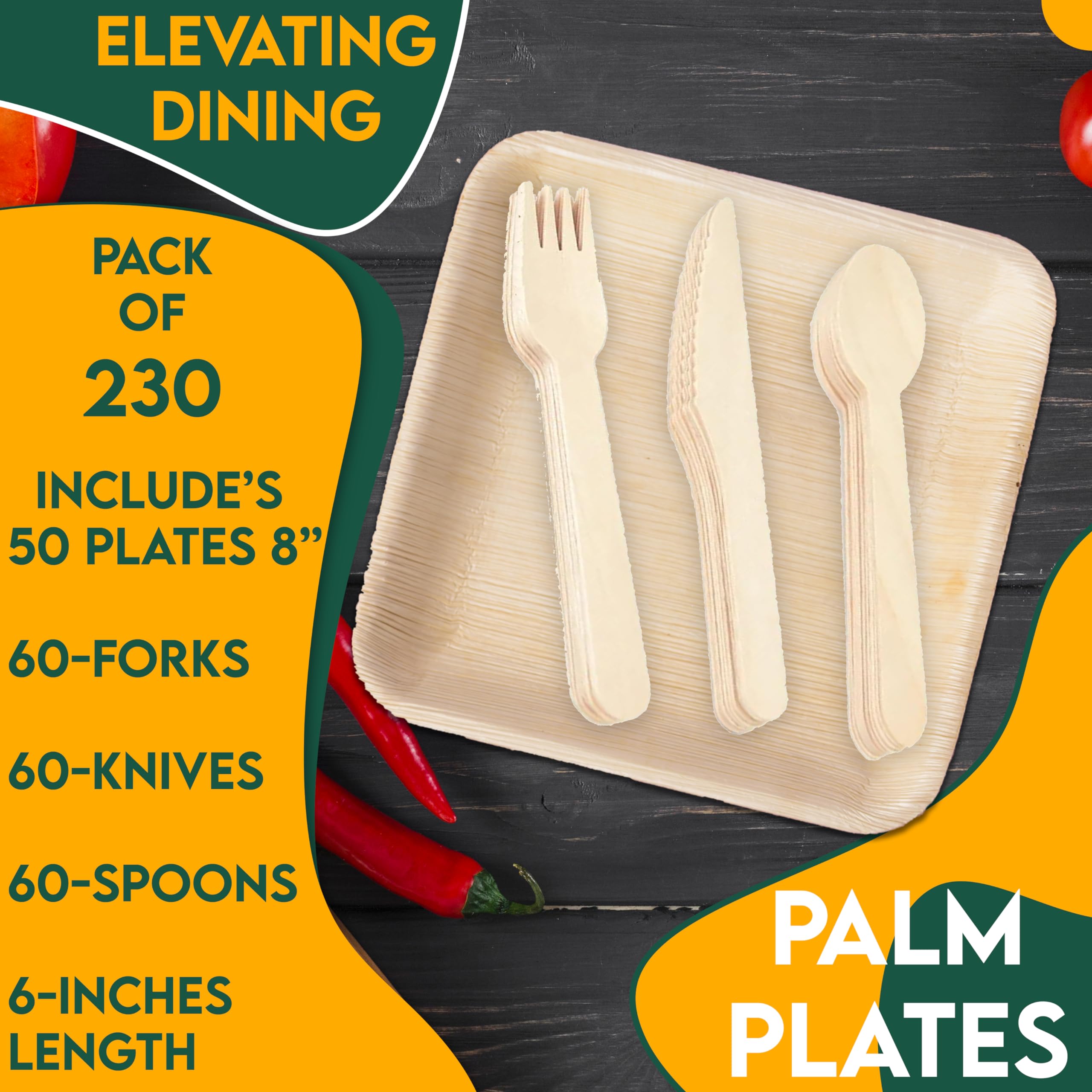 Eco-Friendly 230-Piece Party Dinnerware Set - 50 Palm Leaf Plates, 60 Wood Forks, 60 Knives, 60 Spoons | 6