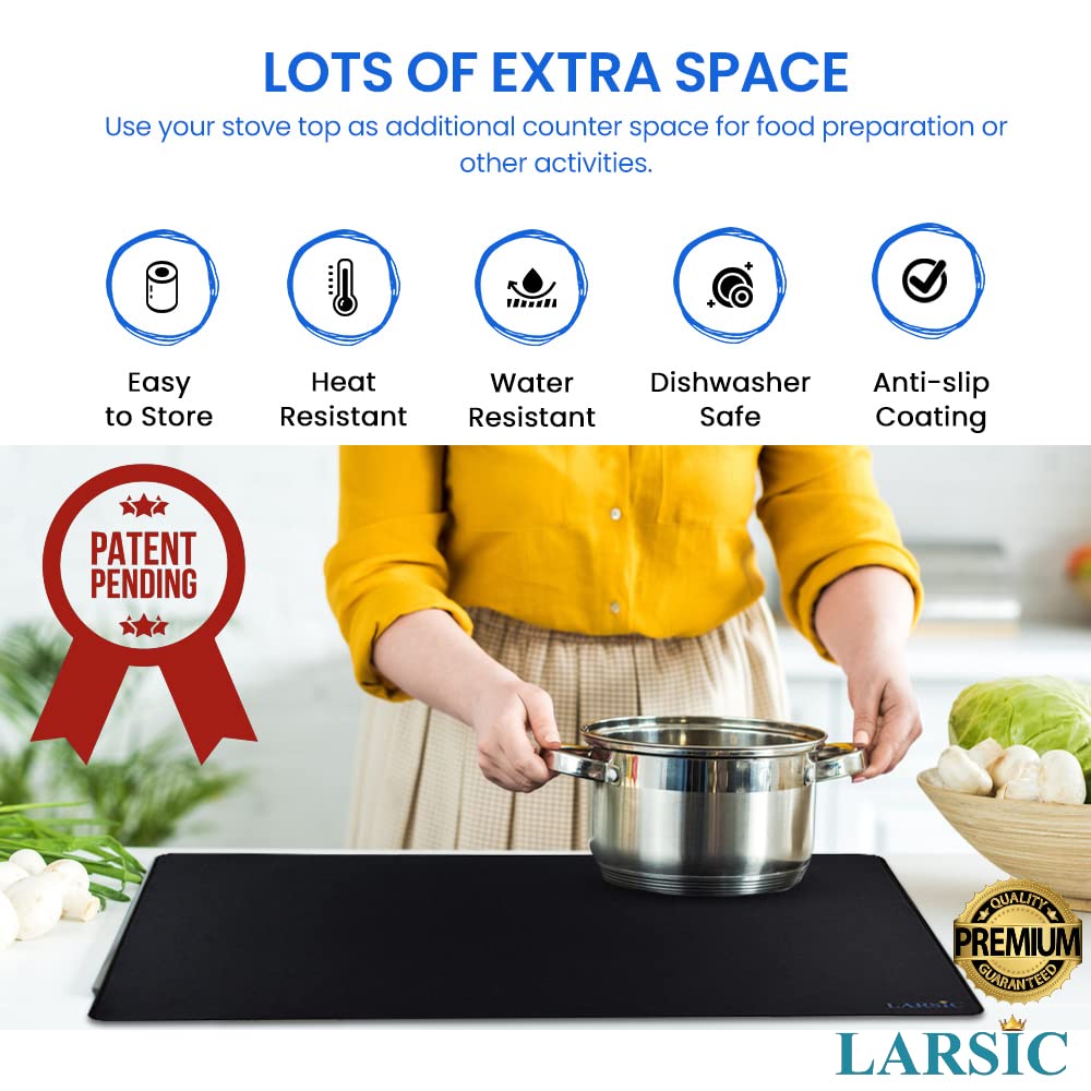 Larsic Stove Cover - 36x21 Inch Black Waterproof Anti-Slip Electric Stove Protector | Foldable Gap Cover for Washer Dryer Top | Prevents Scratches & Expands Counter Space | Perfect for Kitchen, Laundry Room & Small Apartments