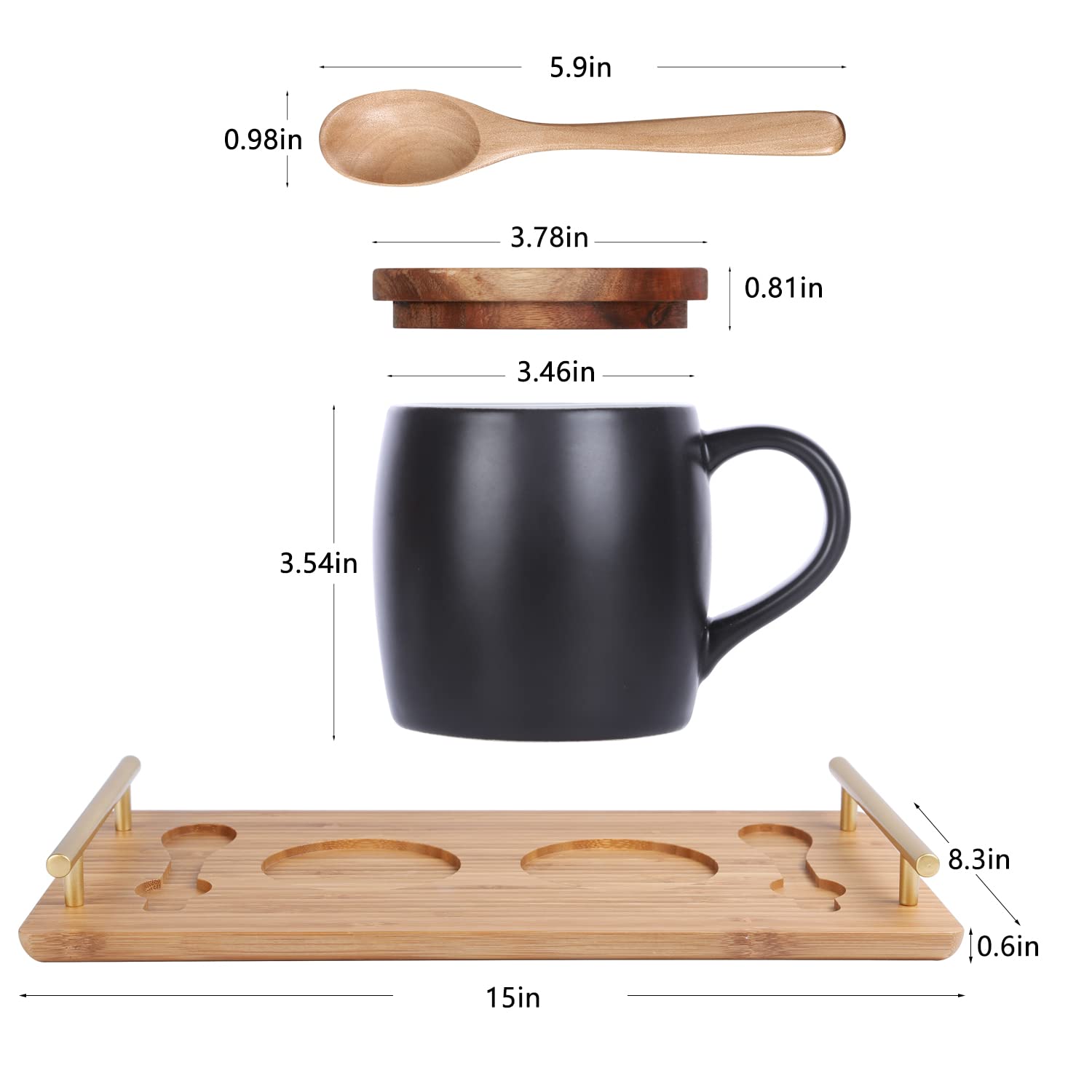 KKC HOME ACCENTS 13oz Ceramic Coffee Mug Set of 2 with Bamboo Tray & Spoons - Black & White Coffee Cups for Home, Office, Gift - Perfect for Coffee, Tea, Hot Chocolate & Breakfast Beverages
