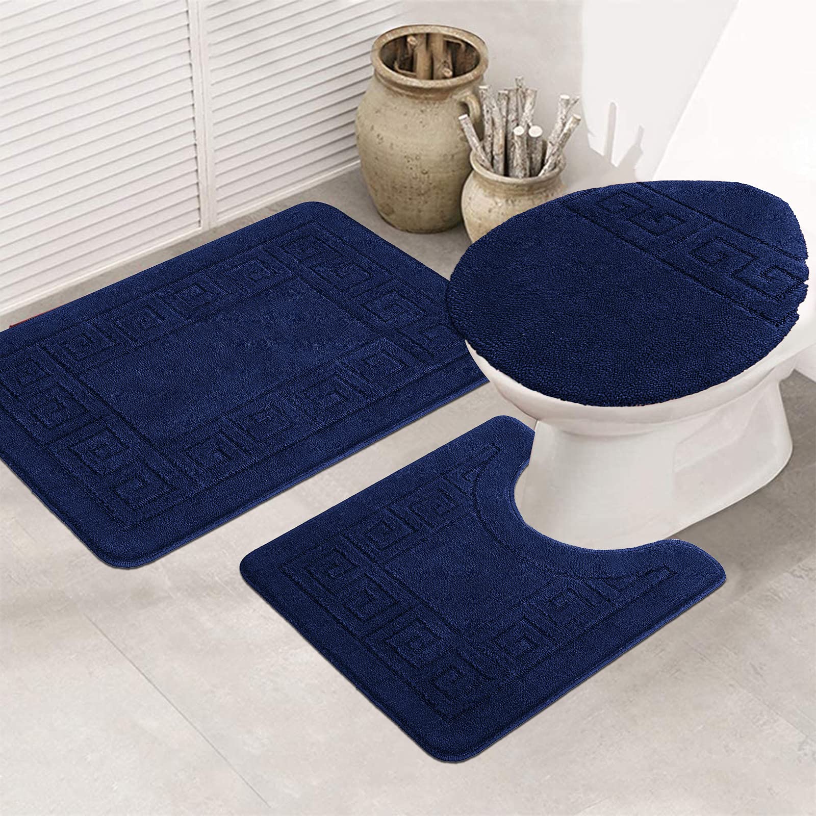 Premium 3-Piece Non-Slip Bathroom Rug Set with U-Shaped Toilet Cover - Super Absorbent Machine Washable Bath Mats for Bathroom Floor - Navy Blue - Perfect for Bathroom Safety and Comfort