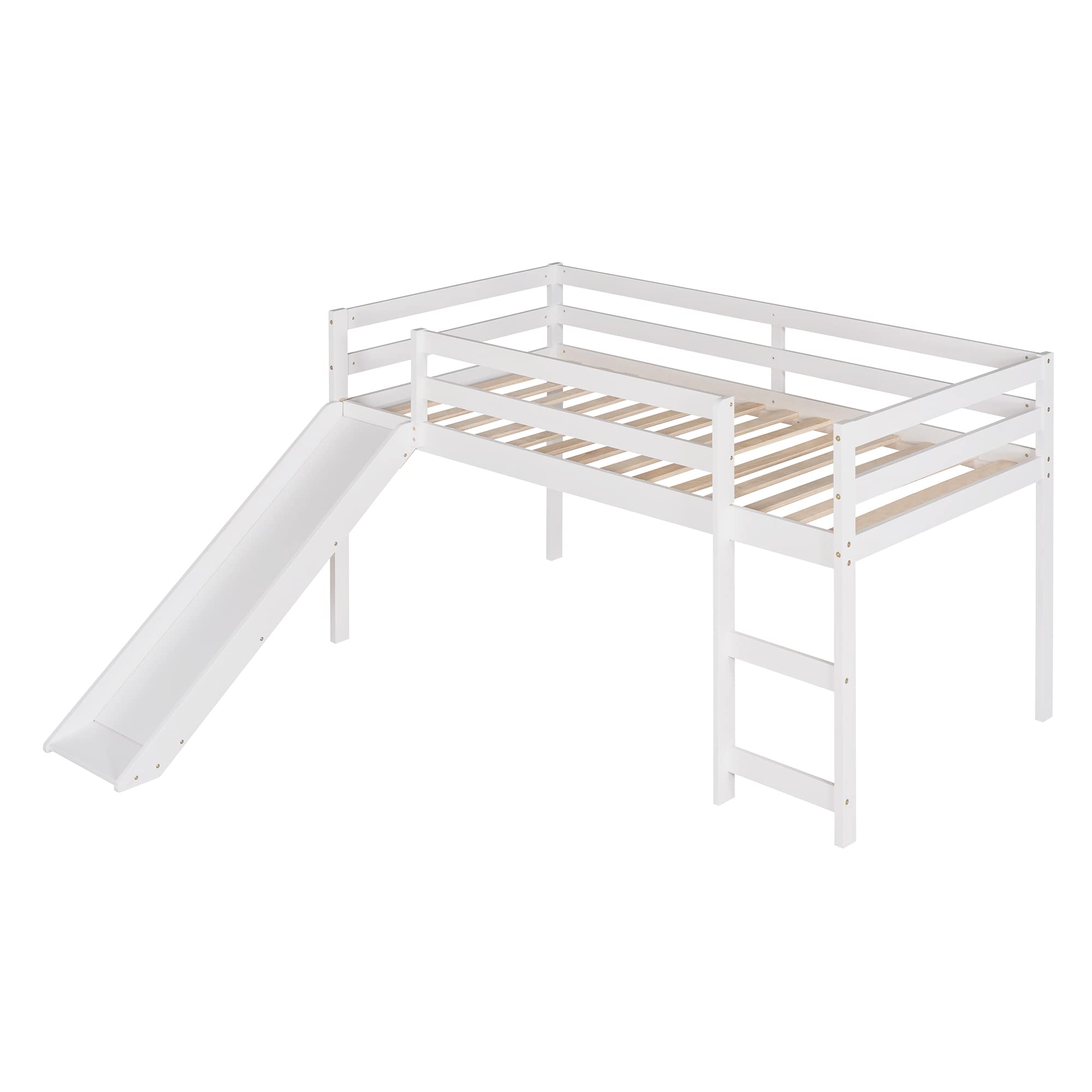 LZ LEISURE ZONE Twin Loft Bed with Slide - Sturdy Wooden Low Loft Bed Frame for Kids, Teens, Boys & Girls - No Box Spring Needed - White - Perfect for Small Bedrooms, Playrooms & Dorm Rooms