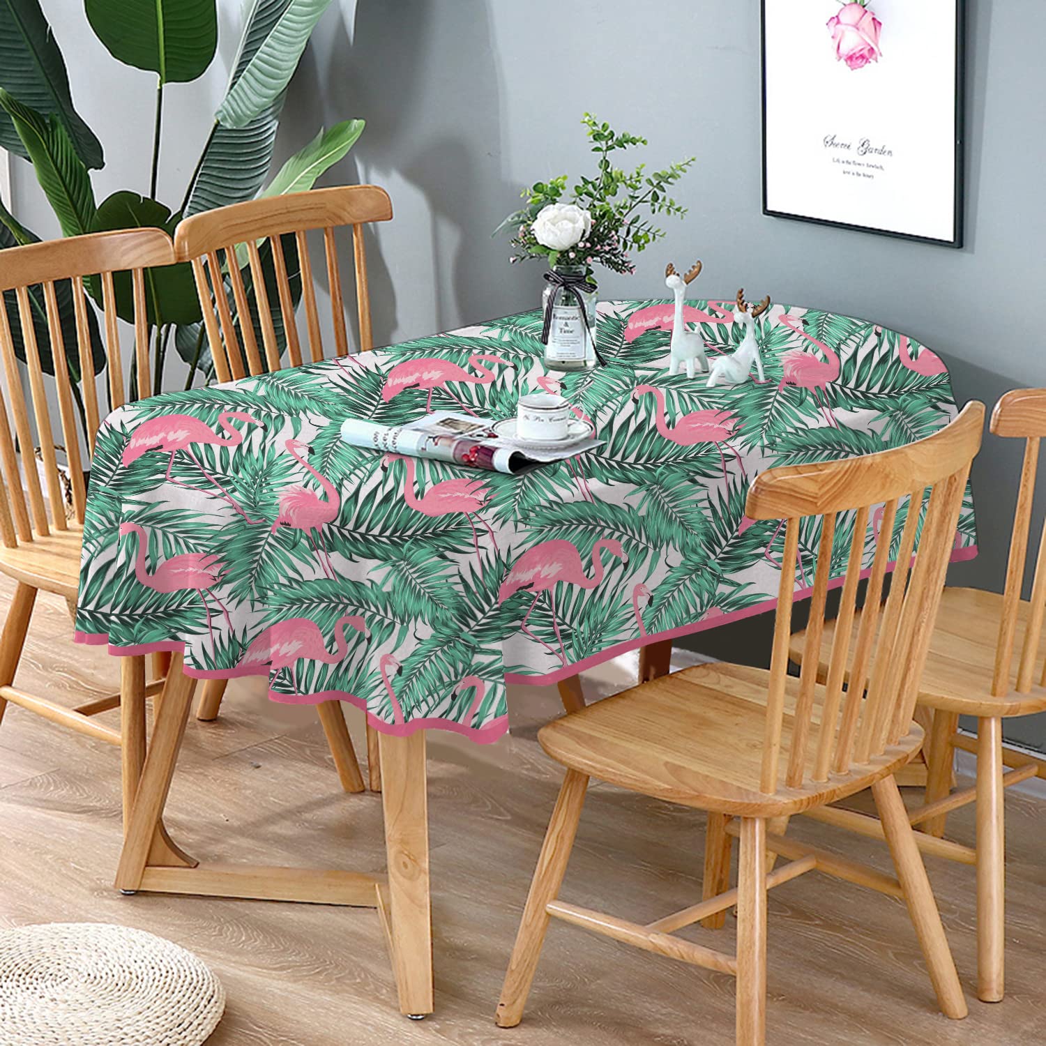 Bnejvif Flamingo Oval Tablecloth - Pink Floral Waterproof Wrinkle-Free Table Cover for 60x84 Inch Oval Tables | Perfect for Summer Parties, Outdoor Dining & Picnics