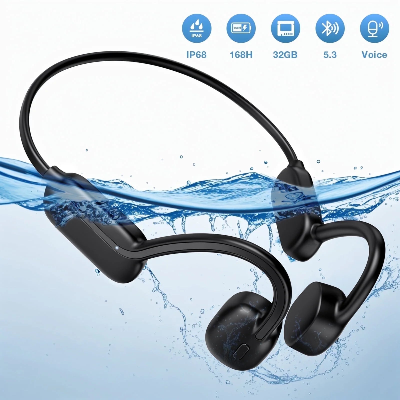 AUOSHI CS05 IP68 Waterproof Open Ear Bone Conduction Bluetooth Headphones - Wireless Sports Headset for Running, Cycling, Swimming & Outdoor Activities - Black