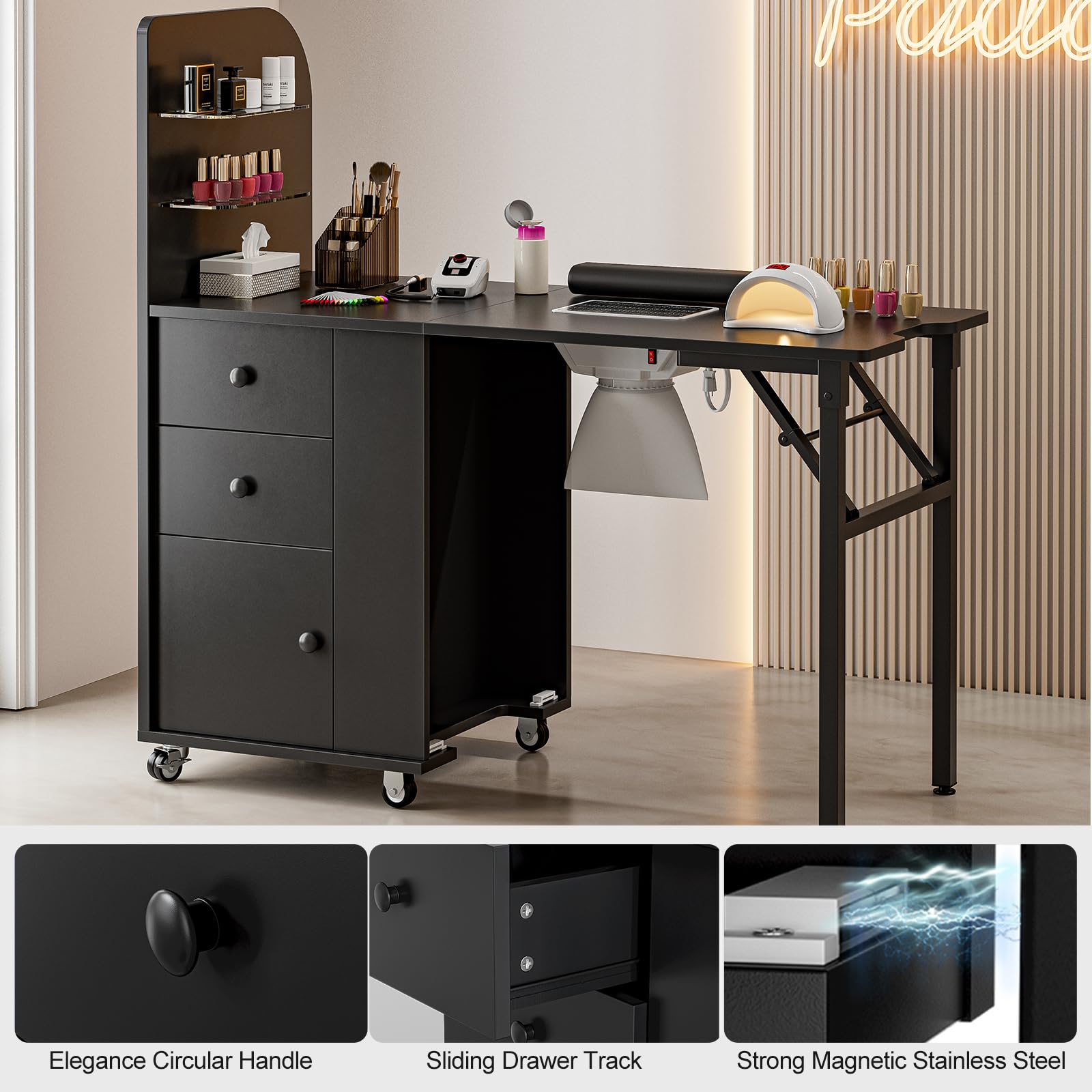 Foldable Nail Table for Nail Technicians - Portable Manicure Station with Dust Collector, 2 Open Shelves & 2 Drawers, Adjustable Wrist Cushion & Lockable Wheels (Black) - Perfect for Home Salons, Mobile Nail Services & Professional Nail Studios