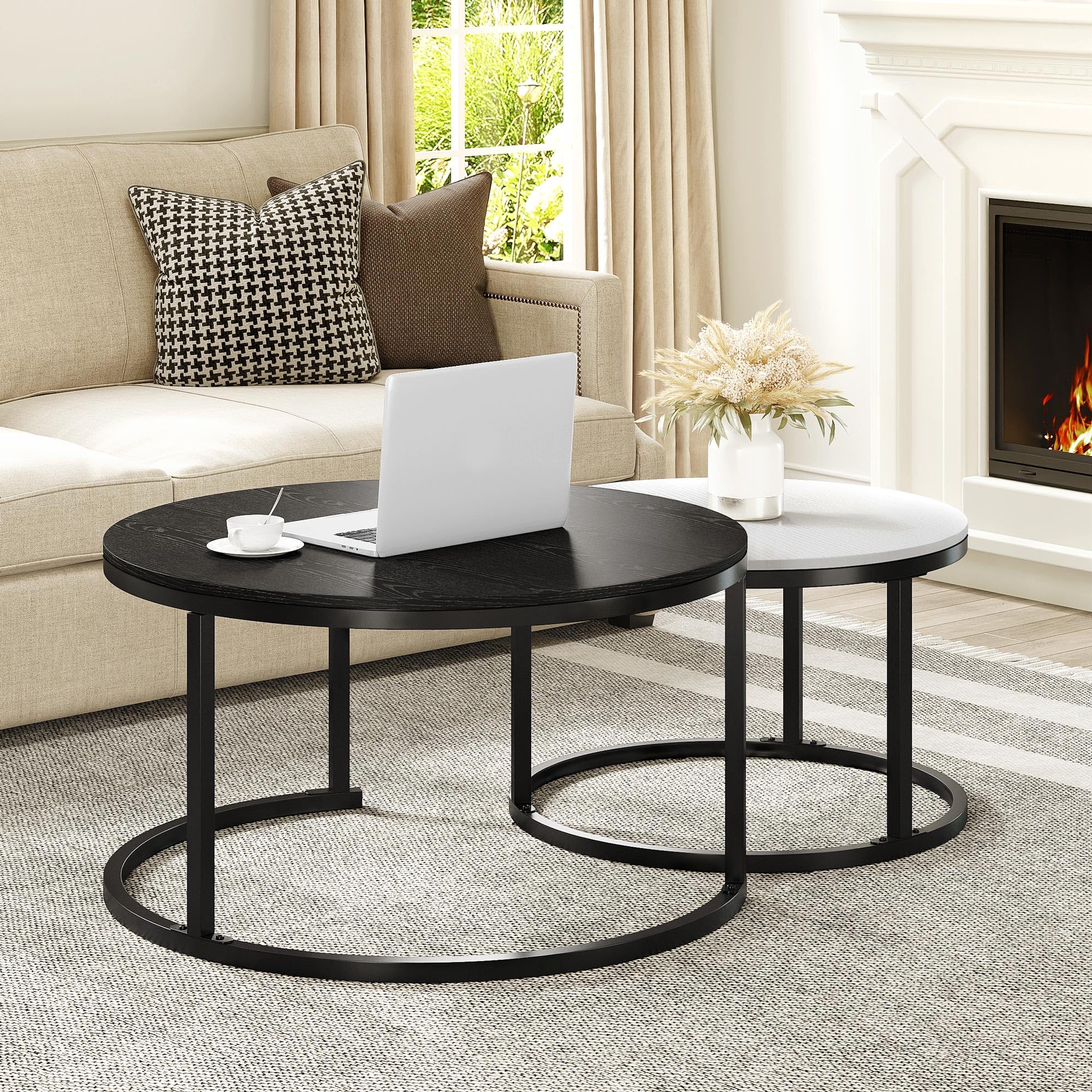 YITAHOME 2-Piece Round Nesting Coffee Table Set - Sturdy Metal Frame & Wood Top in Black & White - Perfect for Living Room, Lounge, or Small Spaces