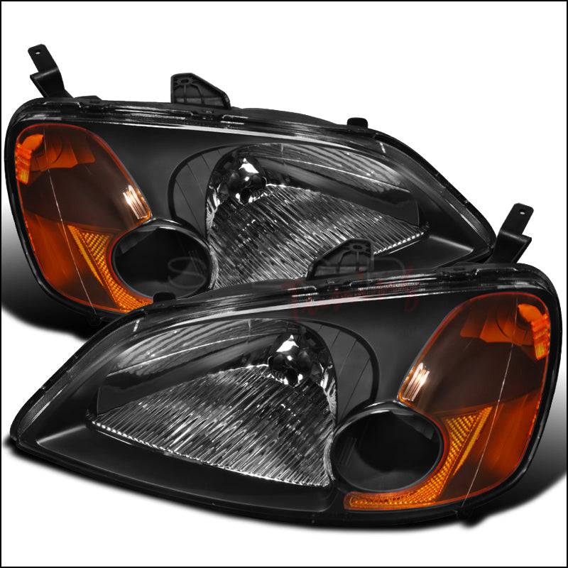 2001-2003 Honda Civic Headlight Assembly - Matte Black Housing with Clear Lens - Direct OEM Replacement - Perfect for Night Driving & Car Restoration Projects