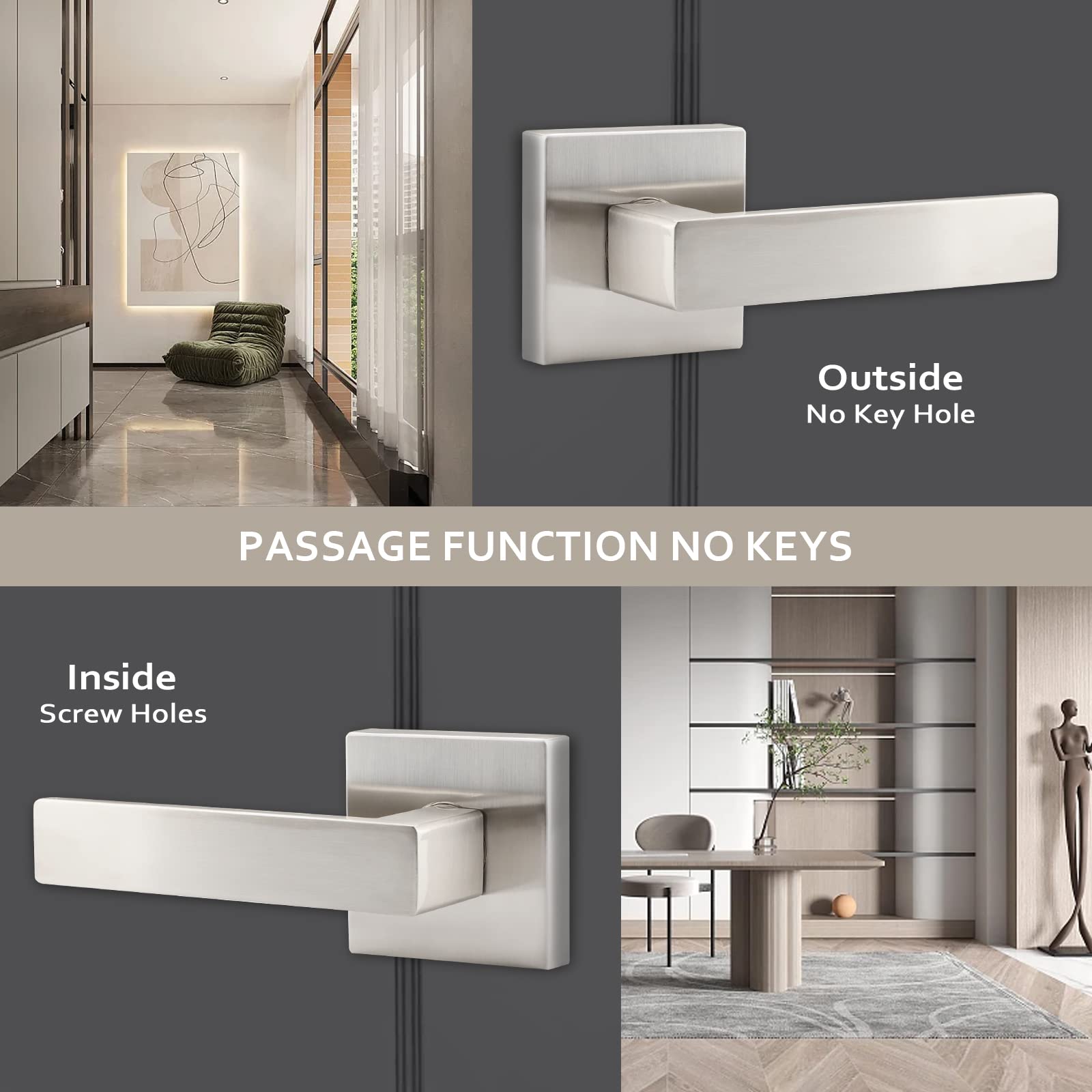 10 Pack Satin Nickel Interior Door Handles - Heavy Duty Passage Door Knobs for Hall, Closet & Bedroom - Left/Right Hand Compatible - Perfect for Home, Office & Commercial Spaces