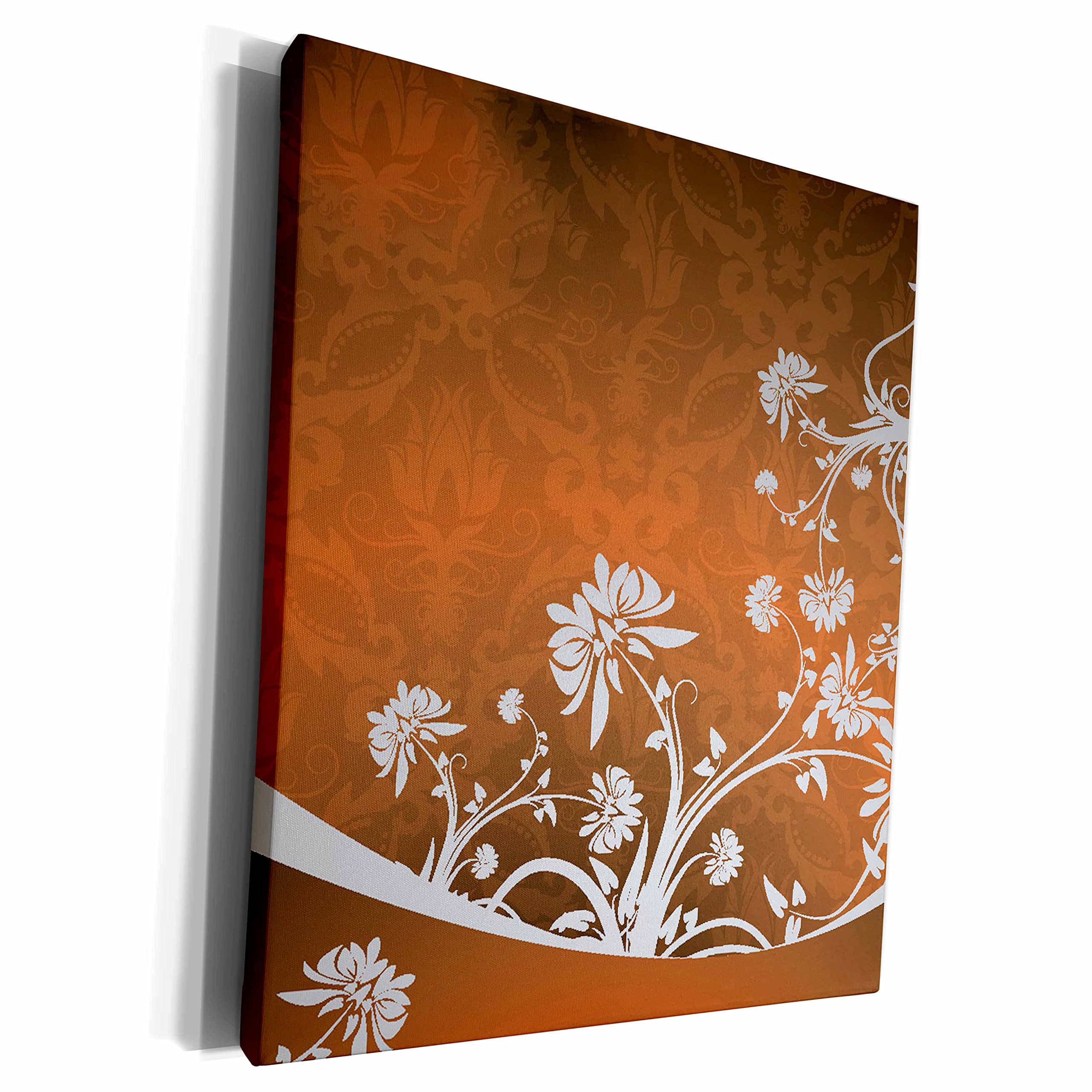 3dRose Museum Grade Canvas Wrap - Gray Flowers on Orange Damask Background Wall Art - Perfect for Living Room, Bedroom & Office Decor