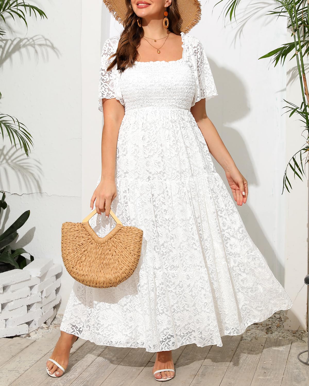 Plus Size Floral Lace Wedding Dress for Women - Boho Maxi Dress with Smocked Waist & Tiered Flowy Skirt | Perfect for Beach Weddings, Garden Parties & Romantic Dates