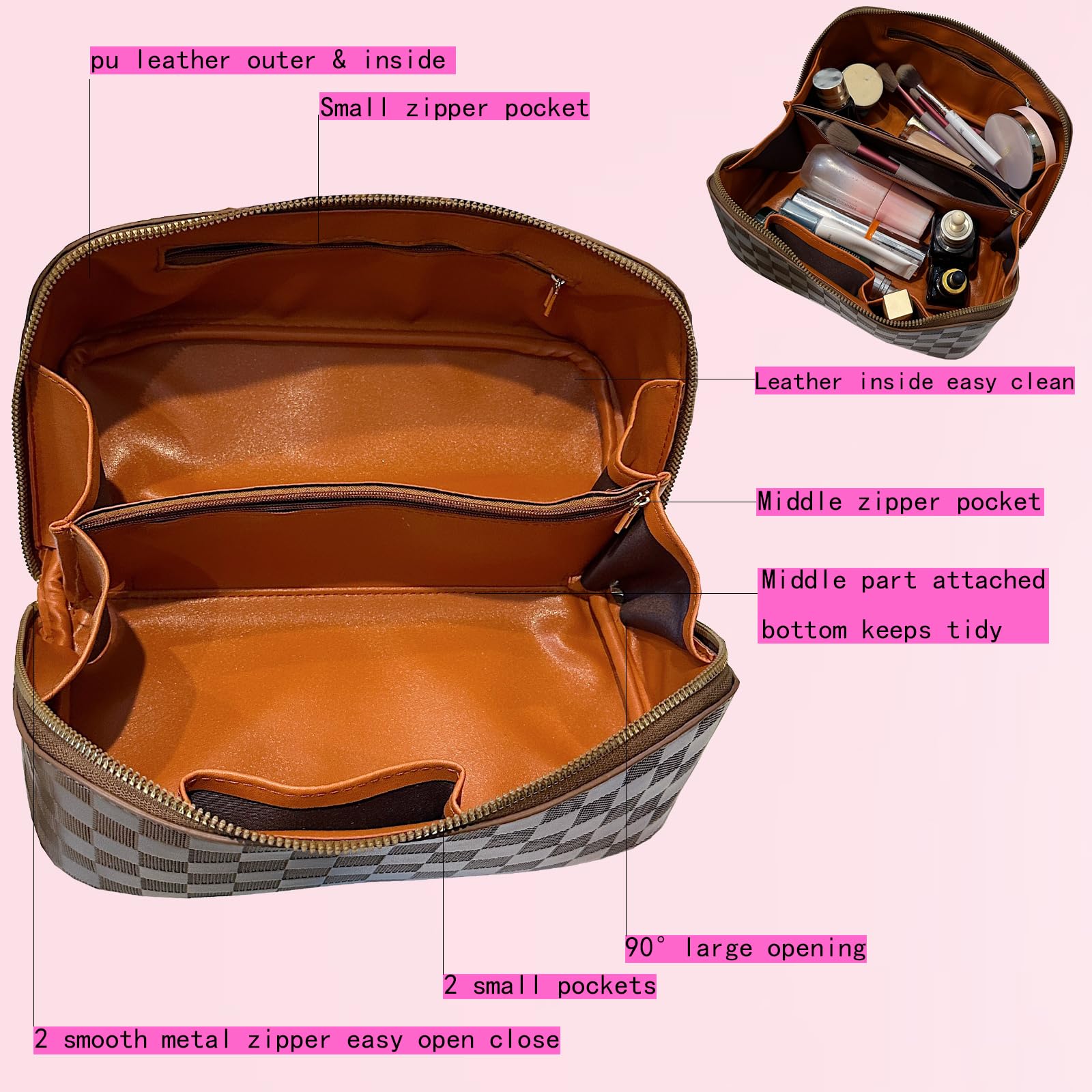 Checkered Makeup Bag for Women - Large Capacity Waterproof PU Leather Cosmetic Organizer with Wide Opening | Perfect for Travel, Gym & Daily Essentials Storage (White Checkered Pattern)