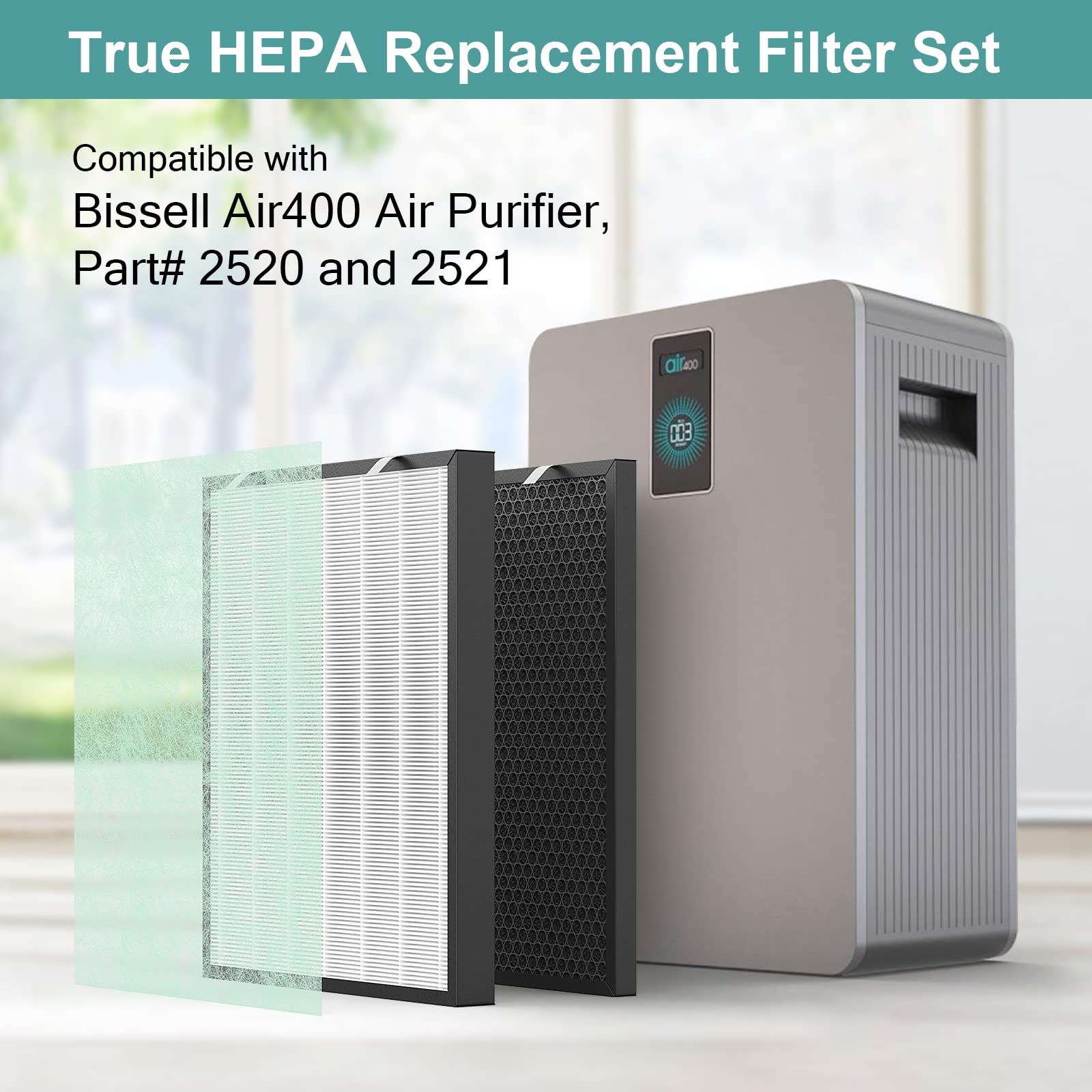 Bissell Air400 Replacement HEPA Filter - 2 True HEPA + 1 Carbon + 8 Pre-Filters - Compatible with Part# 2521, 2520, 3365 - Ideal for Allergy Relief & Air Purification in Bedrooms, Living Rooms & Offices