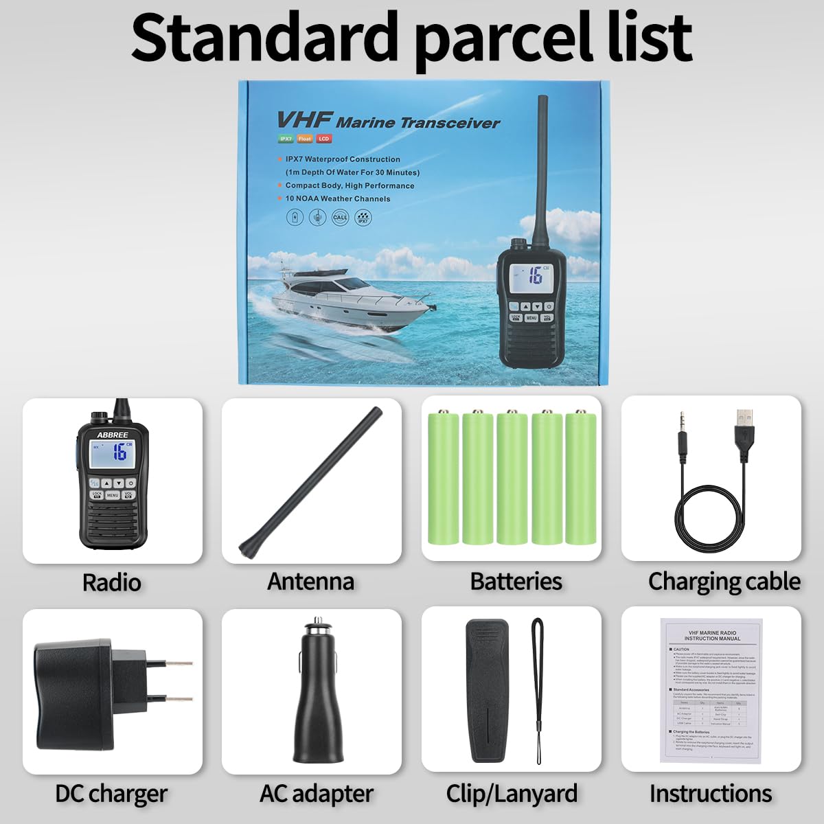 **ABBREE MR-25 VHF Marine Radio - IP67 Waterproof Floating Handheld Two-Way Radio with Noise Cancelling Mic, NOAA Weather & LCD Display | Long Range Walkie Talkie for Boating, Fishing & Emergency Use**