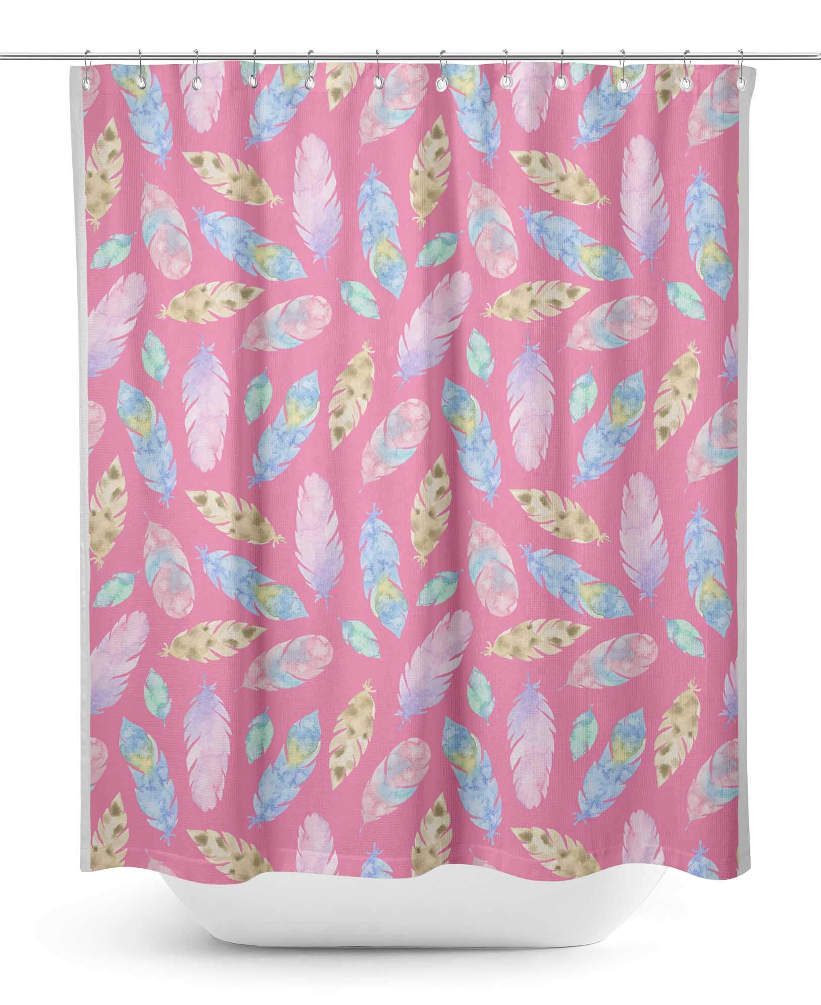S4Sassy Pink Feathers Watercolor Bathroom Shower Curtain - Waterproof & Resistant - 60 x 84 Inch - Elegant Decor for Bathroom, Guest Room & Dorm