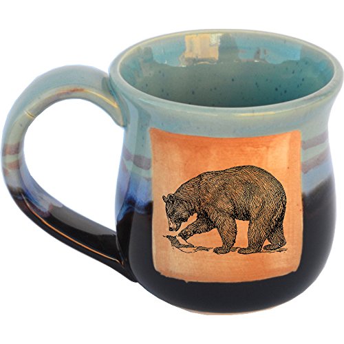 Handmade Ceramic Coffee Mug - Fishing Bear in Mountain Waves Glaze - Unique Artistic Drinkware for Coffee & Tea Lovers - Polished Clay Cup - Perfect for Home, Office & Camping Use