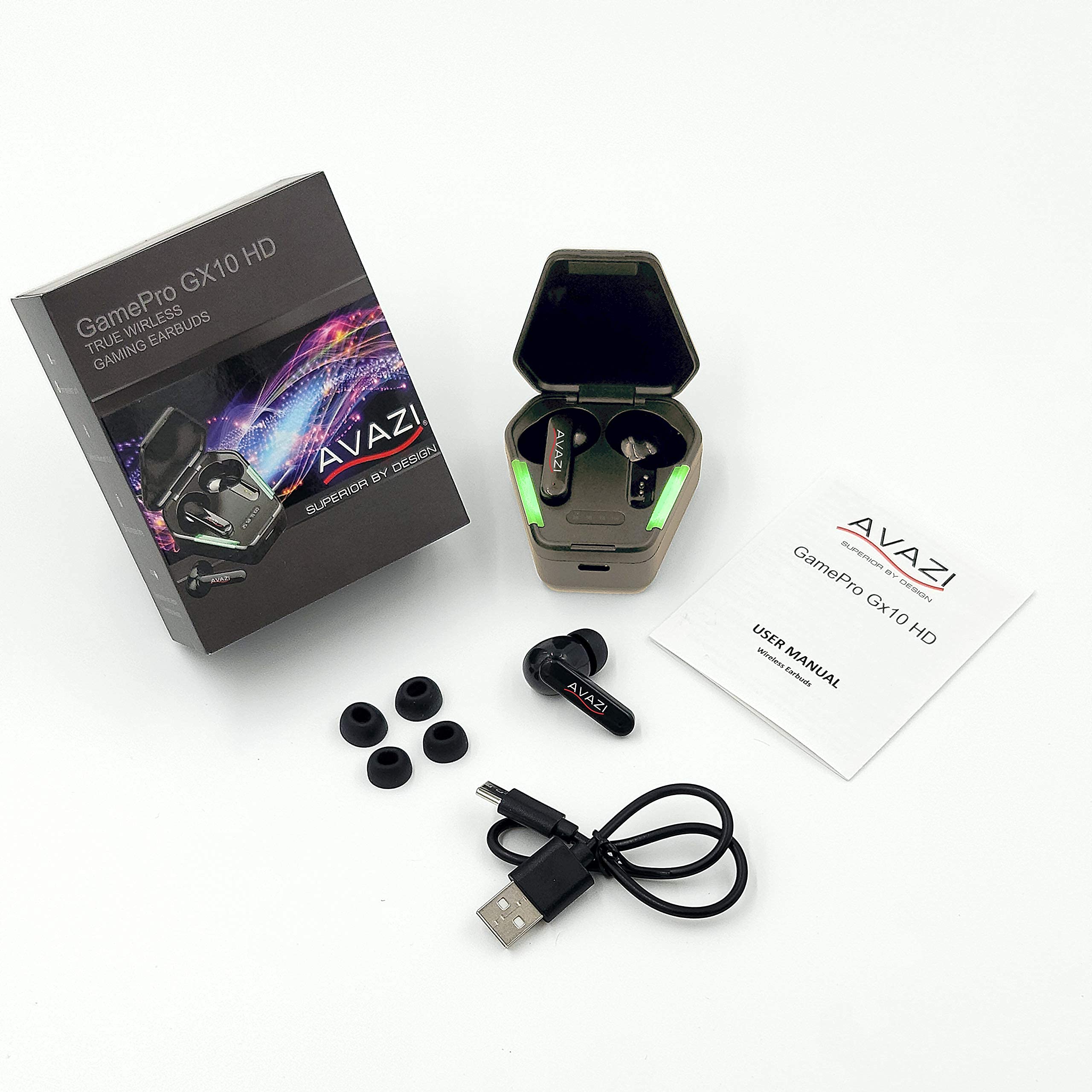 AVAZI GX10 HD True Wireless Earbuds - Bluetooth 5.1 Headphones with Stereo Sound, Built-in Mic, 50ms Ultra Low Latency, IPX5 Sweatproof for Sports, Running, Gym & Gaming - Perfect for Workouts, Commuting & Mobile Gaming