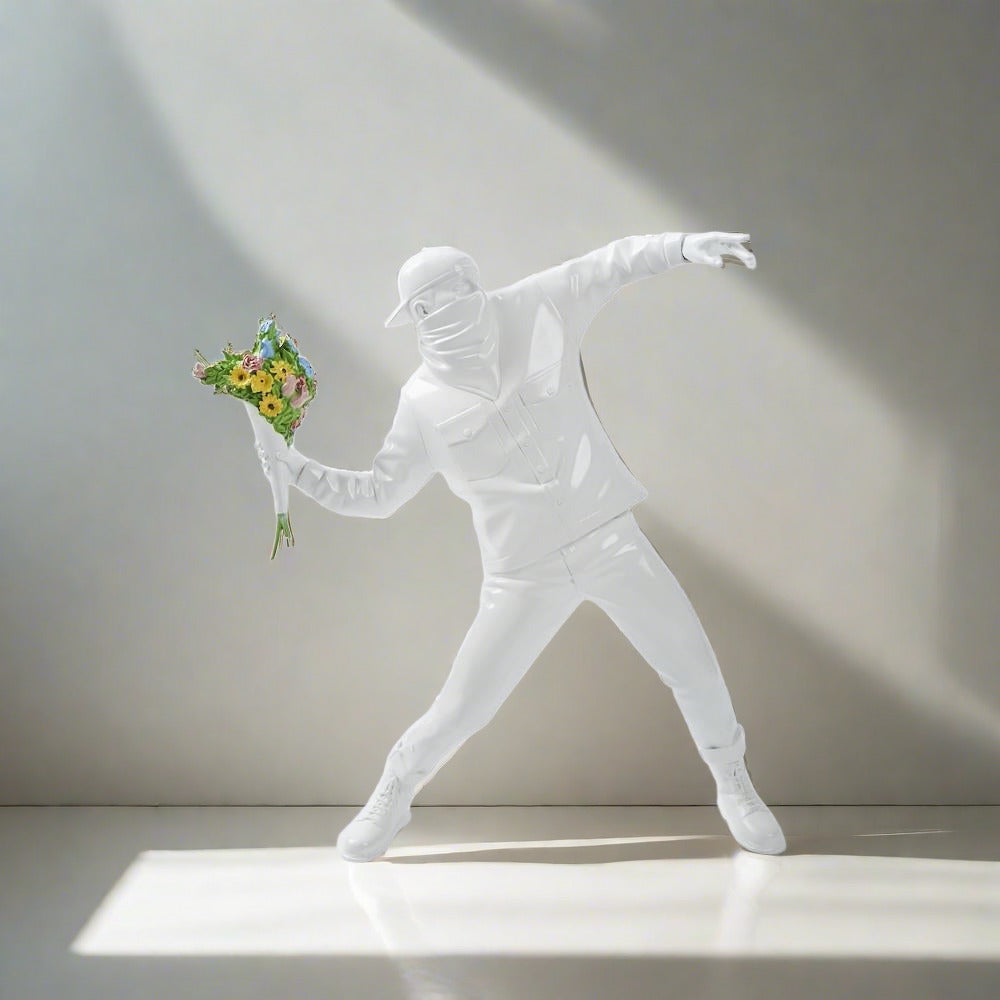 Banksy Flower Bomber Boy Statue Sculpture - Street Art Home Decor for Living Room, Office & Garden - Perfect Gift for Art Lovers
