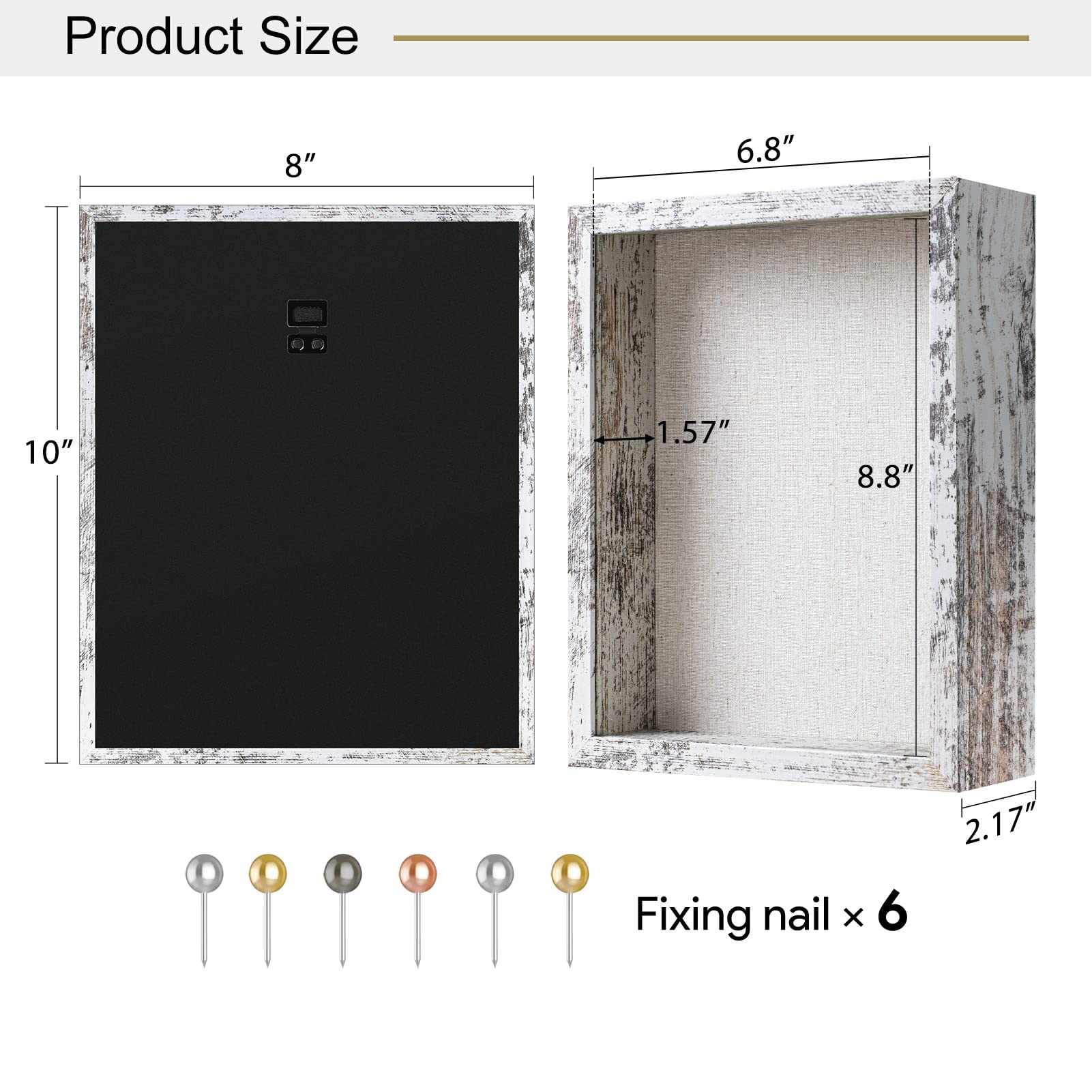 Califortree 8x10 Shadow Box Frame with Linen Back - Real Glass, Push Pins Included, Sturdy Rustic Memory Display Case, Distressed White - Perfect for Wedding Invitations, Baby Keepsakes & Military Memorabilia