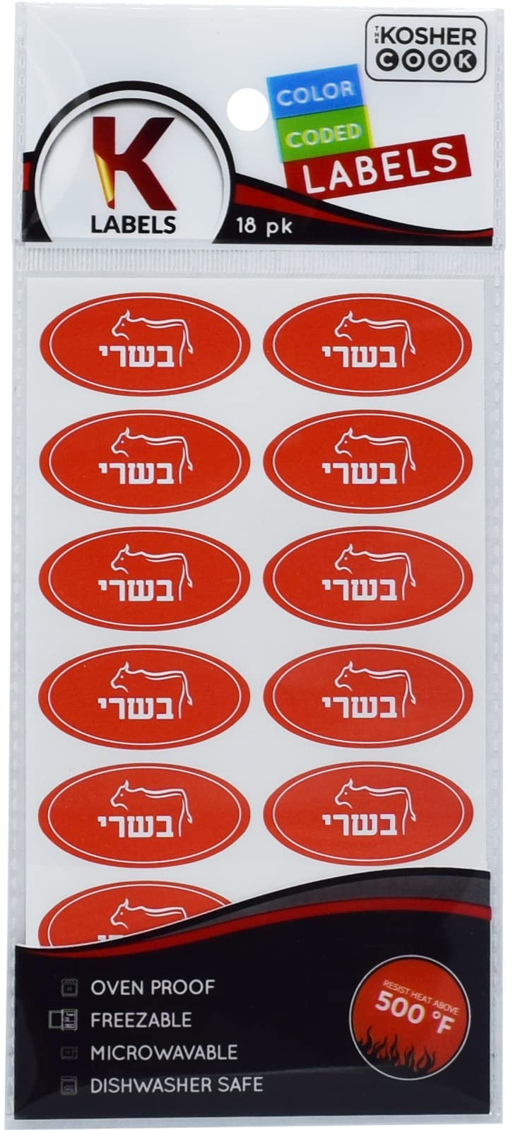 36 Kosher Meat Labels - Oven Safe up to 500°F, Freezer & Microwave Safe, Dishwasher Proof, Hebrew Lettering, Color-Coded Kitchen Stickers for Food Storage & Meal Prep by The Kosher Cook - Perfect for Kosher Kitchens, Meal Organization & Pantry Labeling