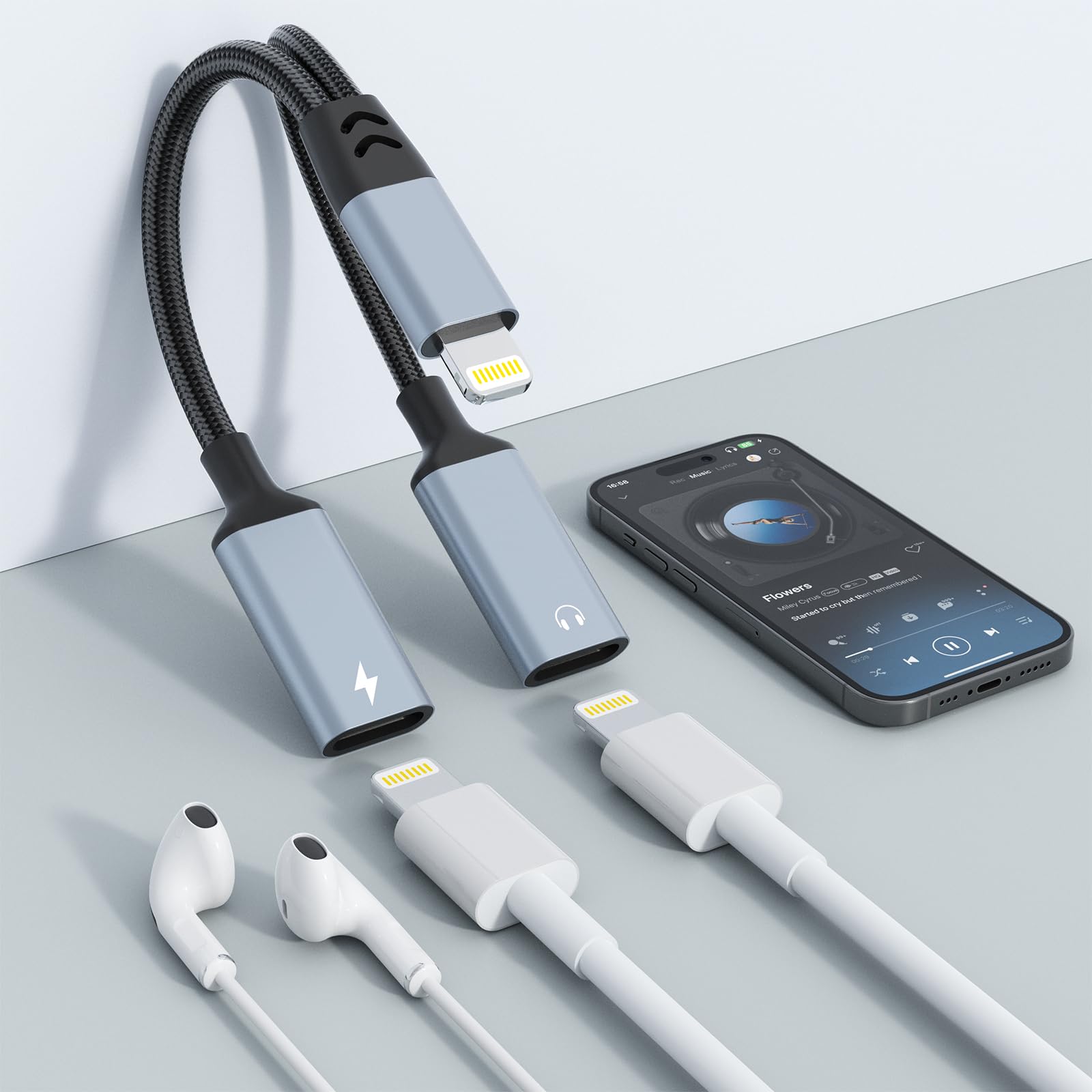 iPhone Lightning Splitter Adapter - Dual Charging & Audio Port for iPhone 14/13/12/11/X/8/7/6 & iPad | 2-in-1 Charger & Headphone Dongle | Perfect for Gaming, Music & Charging Simultaneously