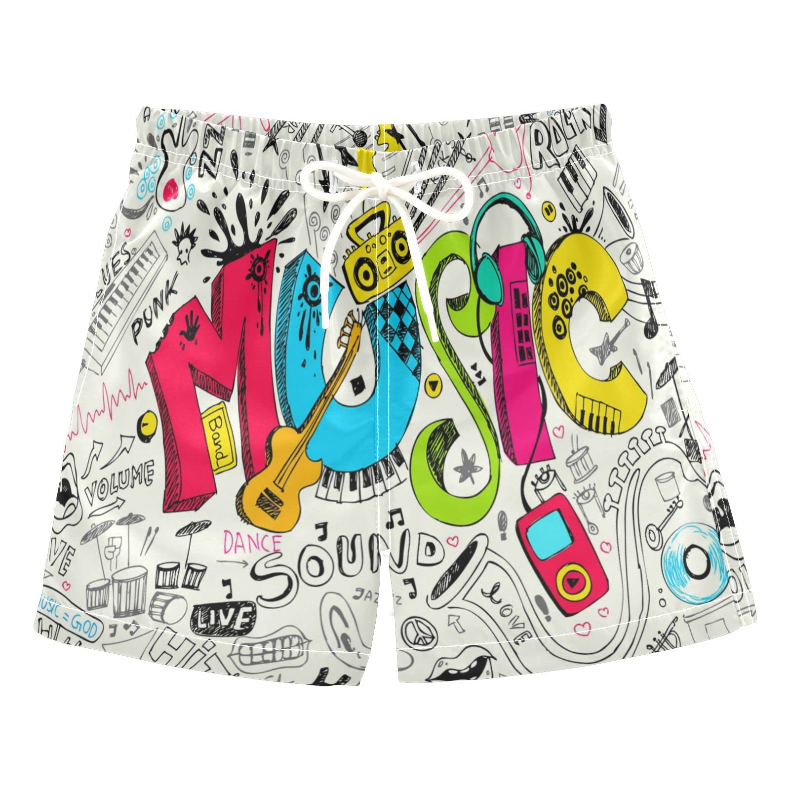 AMICHIC Boys' Quick Dry Swim Trunks with Mesh Lining - Adjustable Waist Beach Shorts for Swimming, Surfing & Summer Activities | Music Note Doodle Design