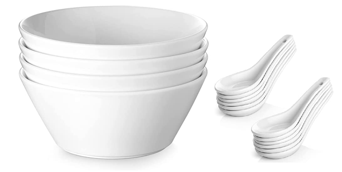 DOWAN 58.5oz Large Ceramic Soup Bowls Set of 4 with 12 Asian Soup Spoons - Perfect for Wonton, Ramen, Pho & Salad - Microwave & Dishwasher Safe Dinnerware Set