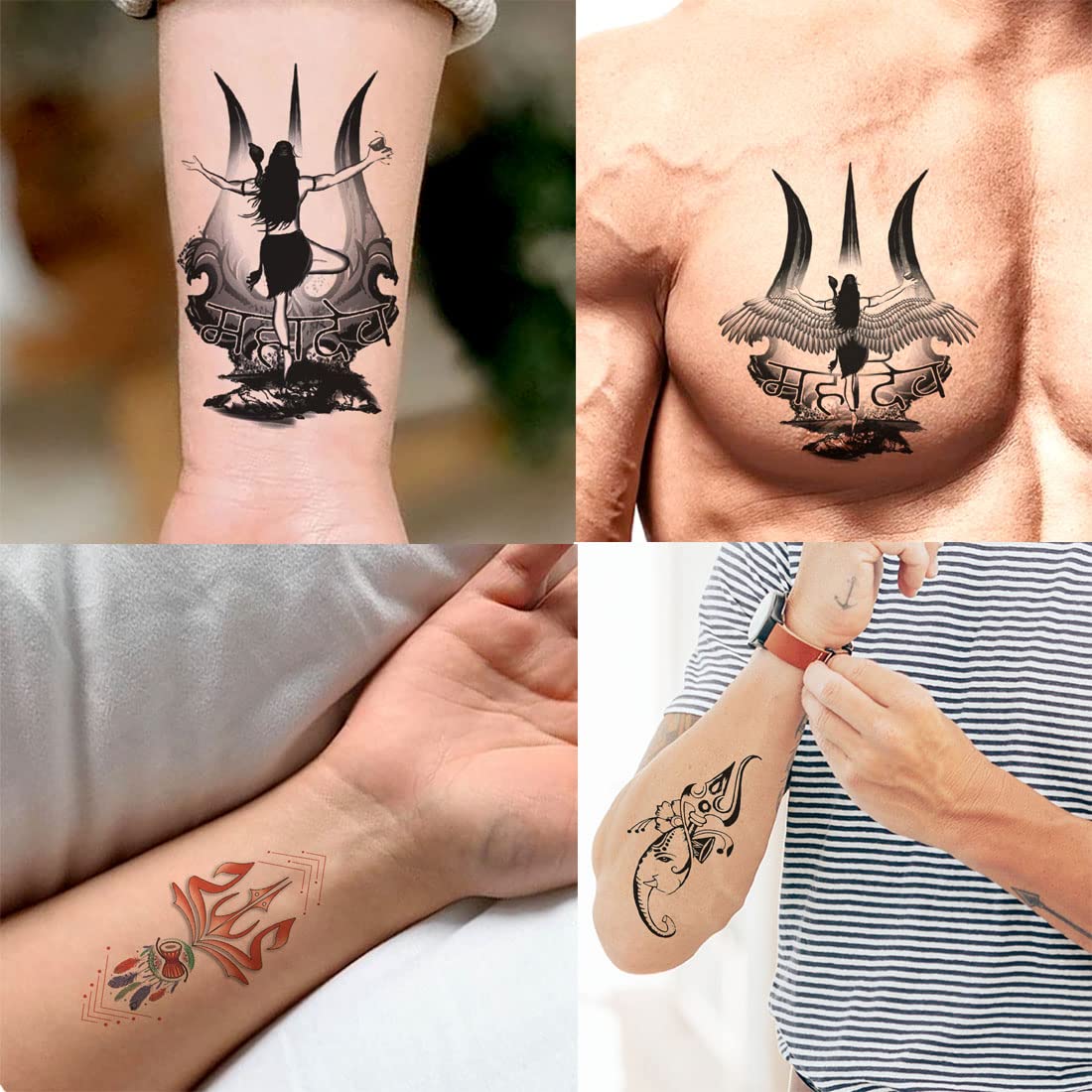 Om Trishul Lord Shiva Temporary Tattoos for Men & Women - Pack of 4 Waterproof Body Art Stickers (2x4 Inch) - Perfect for Festivals, Yoga, Spiritual Events & Cosplay