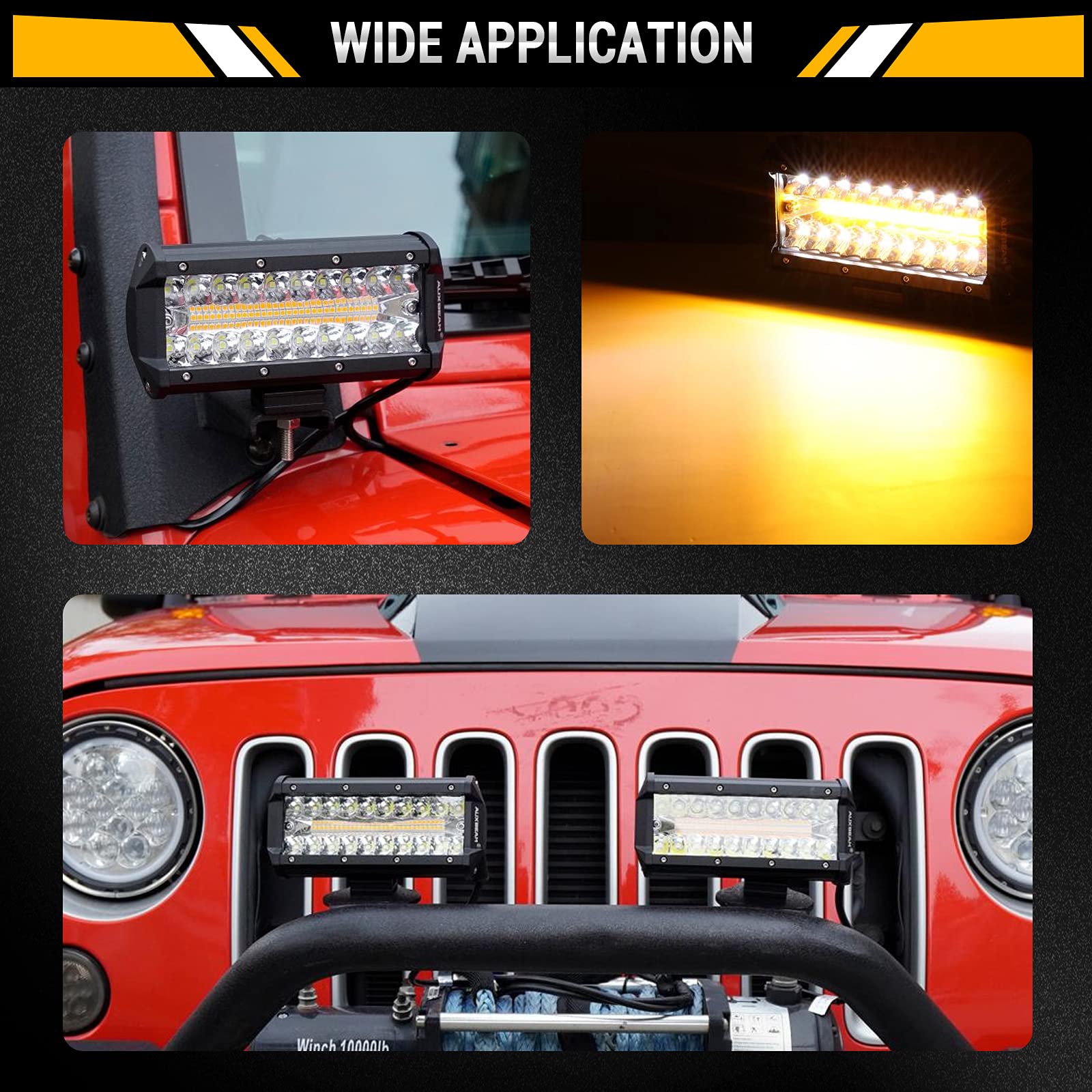 Auxbeam 7 Inch LED Light Bar 300W - Dual Color Amber & White Offroad Lights - 6 Modes Spot/Flood Work Light for Trucks, ATV, Jeep, Boat, Golf Cart (Pack of 2) - Perfect for Night Driving, Camping & Emergency Lighting