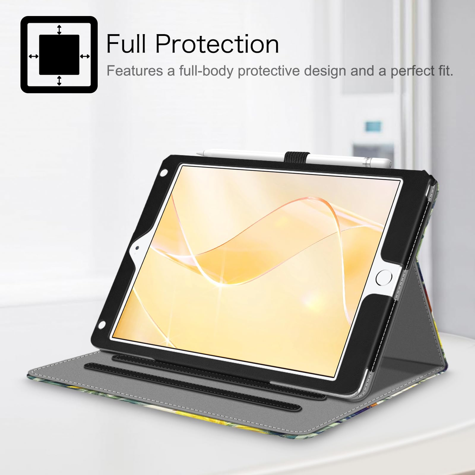 Fintie Protective Case for iPad 6th/5th Generation (2018/2017 Model) & iPad Air 2/Air 1 (9.7 Inch) - Multi-Angle Stand Cover with Corner Protection & Storage Pocket, Sunflower Design - Perfect for Work, School & Travel