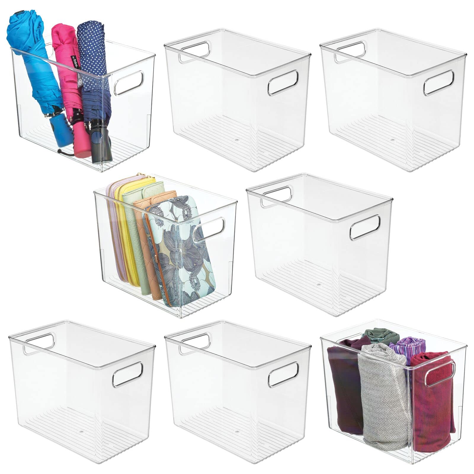mDesign 8-Pack Clear Plastic Closet Storage Bins with Built-in Handles - Organizer Containers for Clothes, Accessories & Home Organization - Perfect for Bedroom Closet, Shelving Units & Furniture Storage - Durable Stackable Bins for Seasonal Clothing, Toys & Household Items