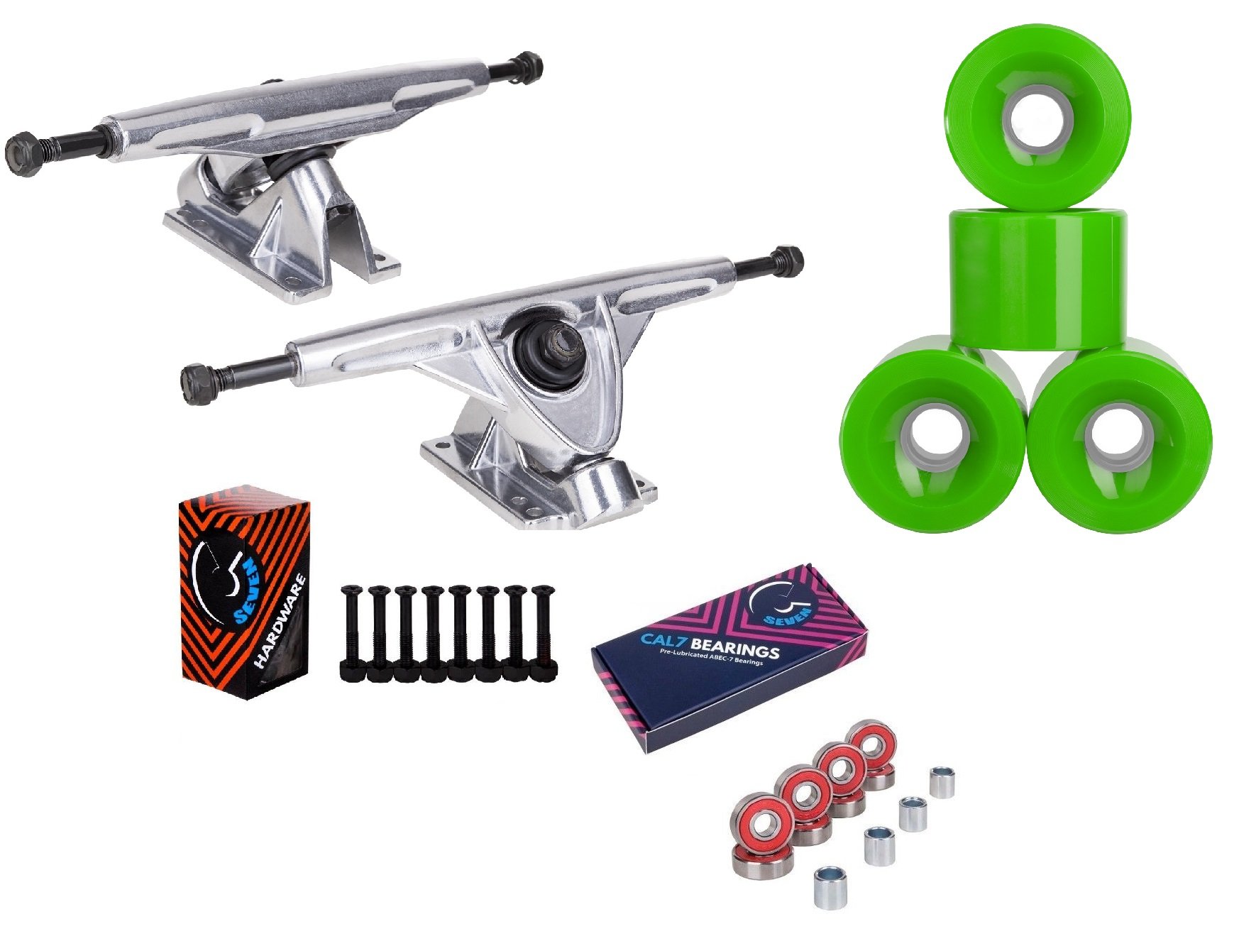 Cal 7 Silver 10.75 Inch Skateboard Trucks with Wheels & Bearings - High Performance Skateboard Parts for Street & Park Skating