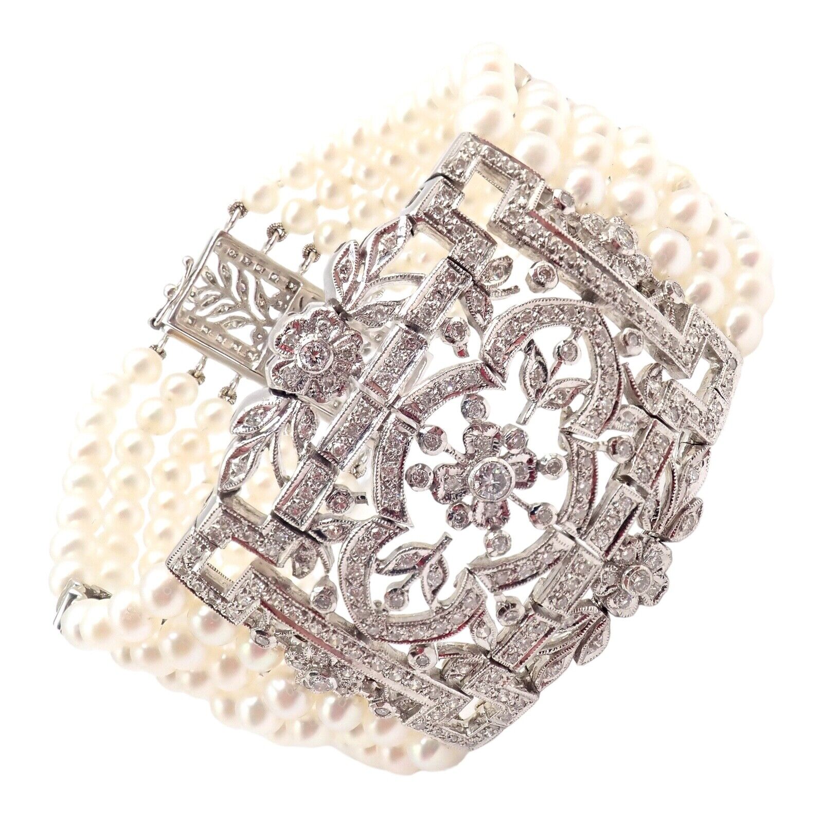 Vintage 18k White Gold Diamond & Pearl Bracelet - 7 Rows 4.5mm Pearls, Elegant Estate Jewelry for Women - Perfect for Weddings, Anniversaries & Special Occasions