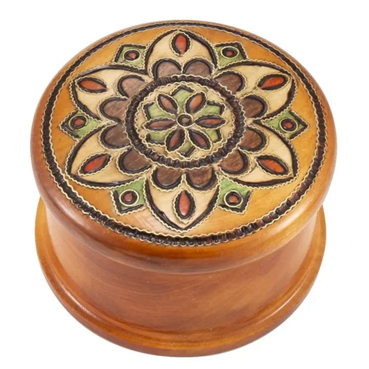 Handmade Round Floral Carved Wooden Jewelry Box - Perfect for Storing Rings, Necklaces & Keepsakes | Home Decor & Gift Idea